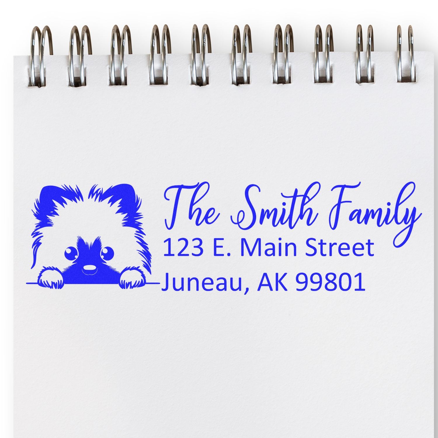 Custom return address rubber stamp with dog icon for The Smith Family, 123 E. Main Street, Juneau, AK 99801