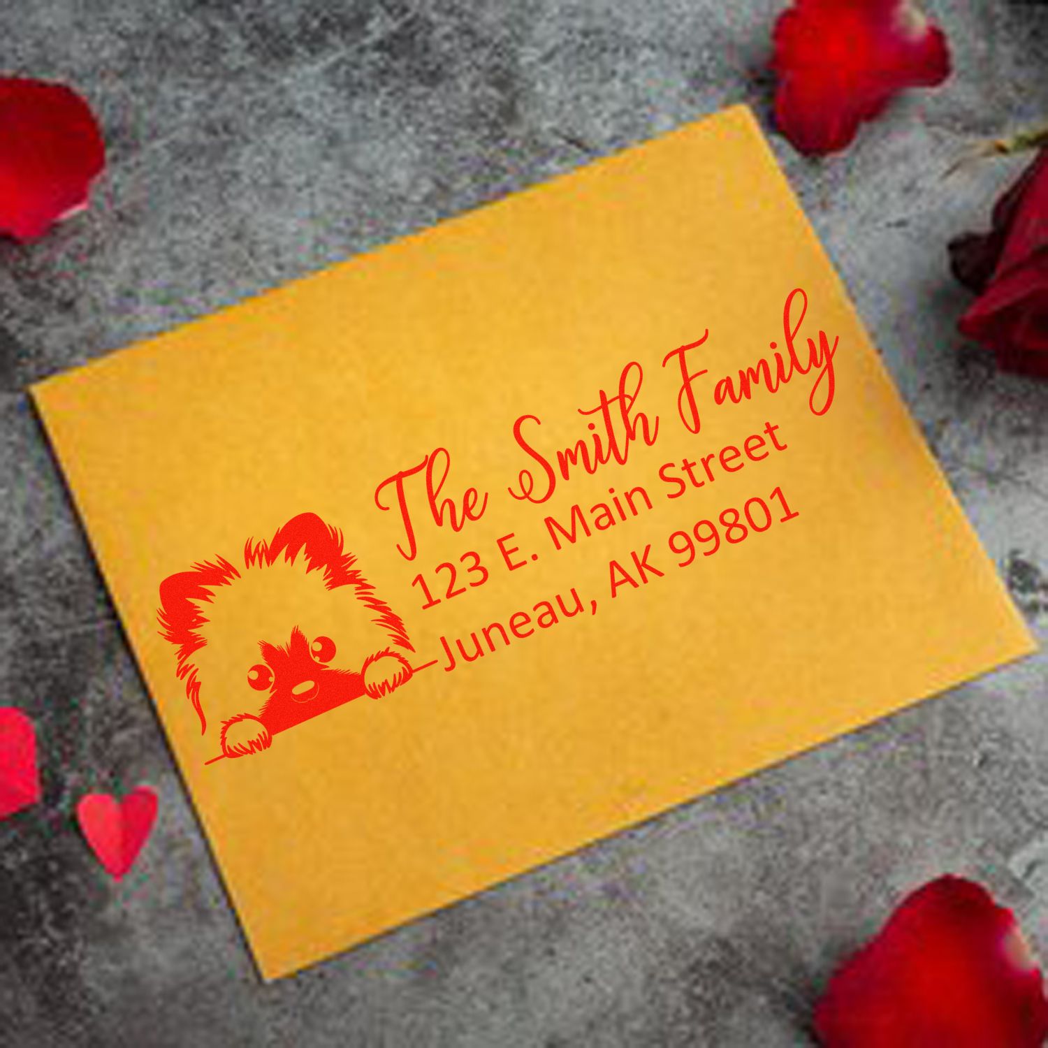 Personalized rubber address stamp for The Smith Family, with dog design and Juneau, AK return address.