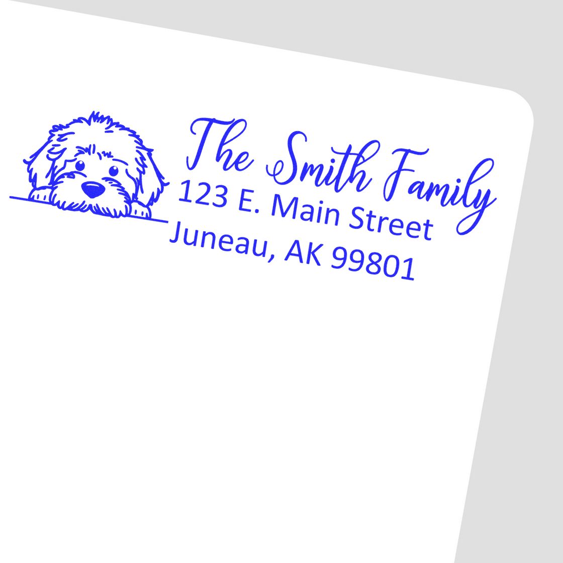 Custom dog address rubber stamp for The Smith Family, with pet portrait and return address in Juneau, AK 99801.