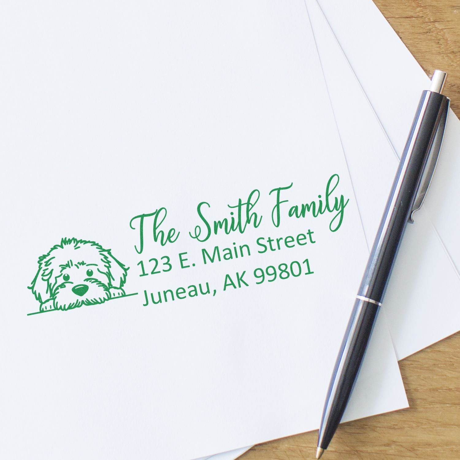 Personalized return address rubber stamp with dog illustration for custom family mailings and envelope addressing.