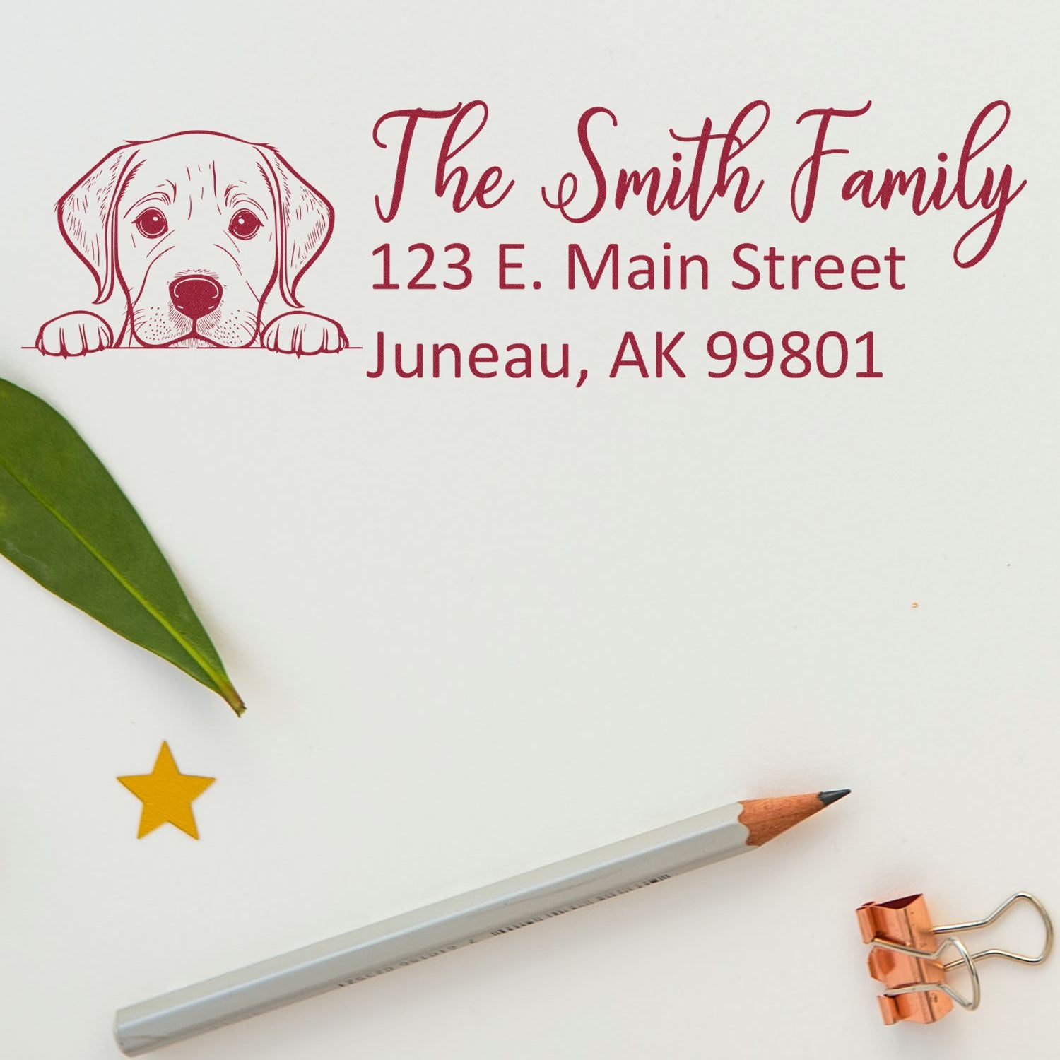 Custom dog return address rubber stamp with The Smith Family and Juneau, AK mailing address for envelopes.