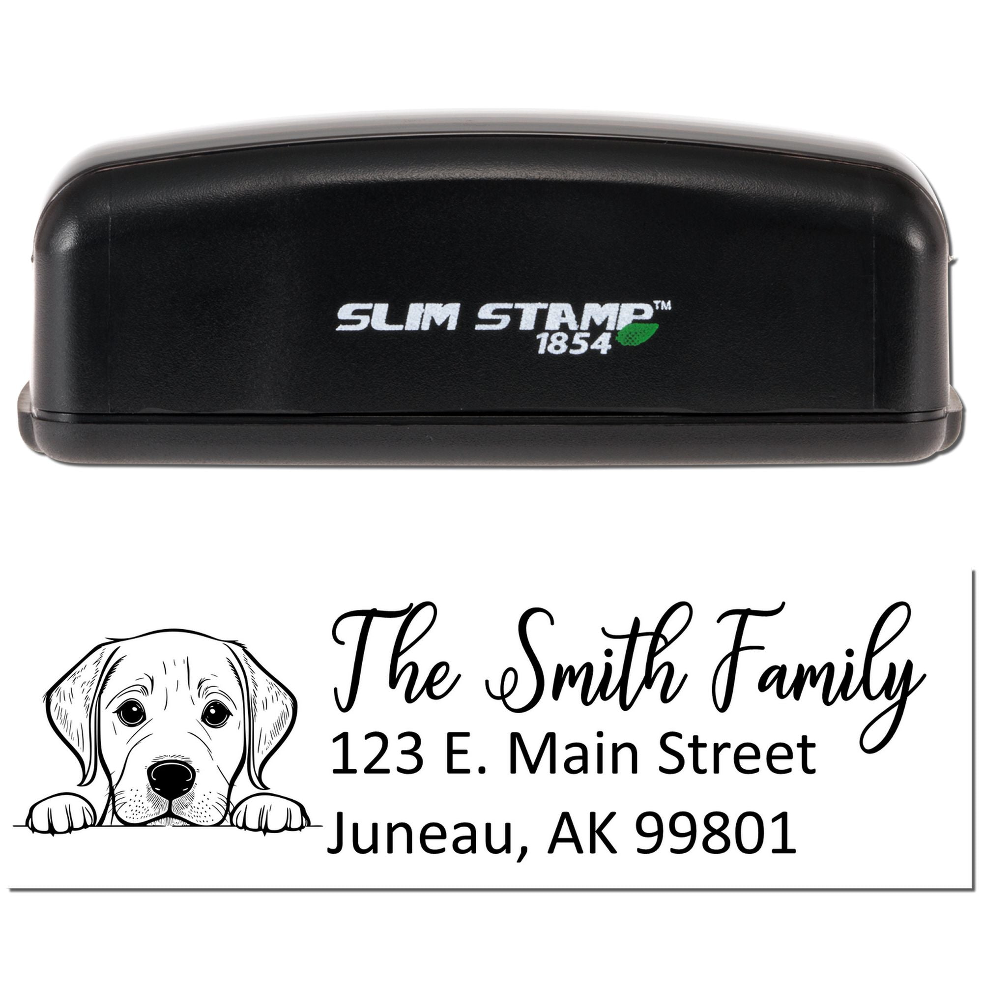 Slim Stamp 1854 self-inking rubber stamp with custom dog address stamp design for The Smith Family, Juneau, AK 99801.