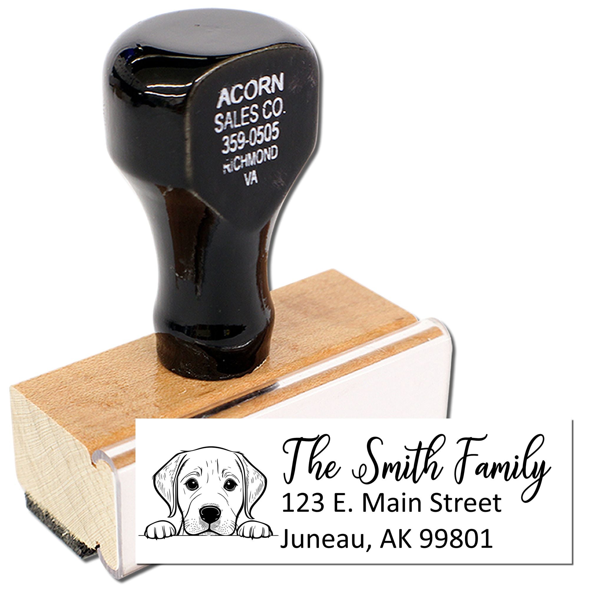 Custom dog family address rubber stamp with personalized name, street address, and pet illustration.