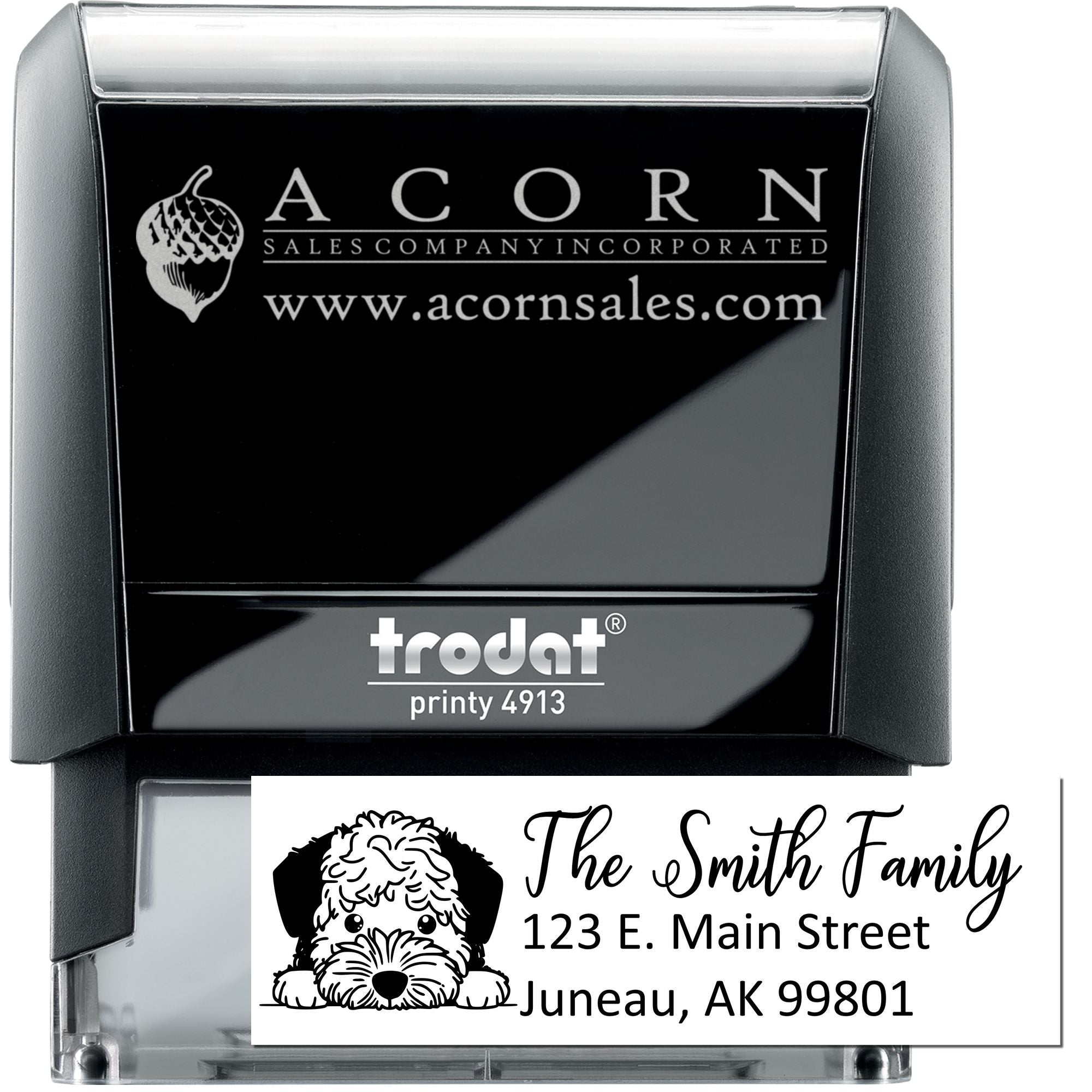 Personalized self-inking rubber stamp with logo and return address for business branding and mailing.
