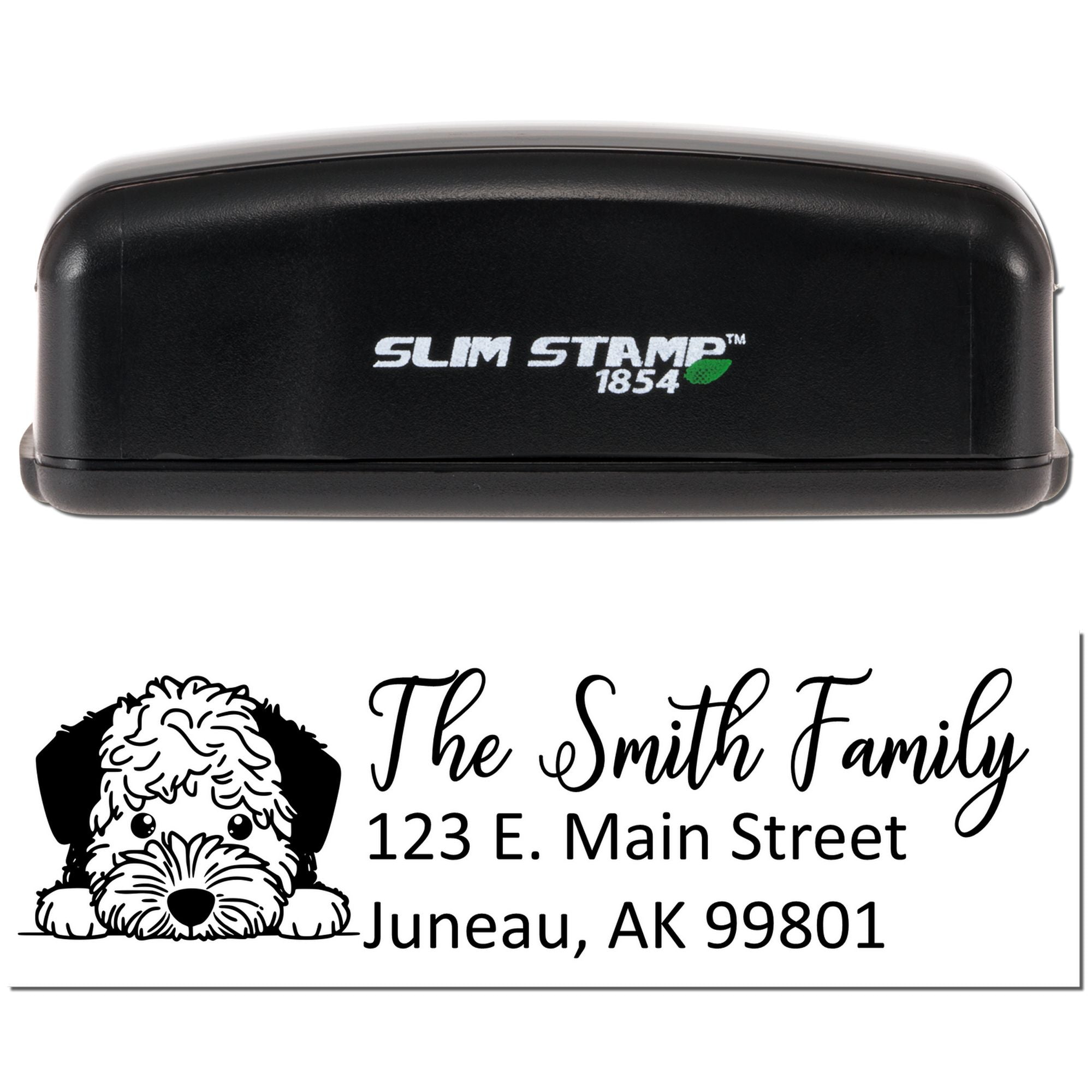 Custom self-inking rubber stamp with dog design and Smith Family return address imprint for mailing