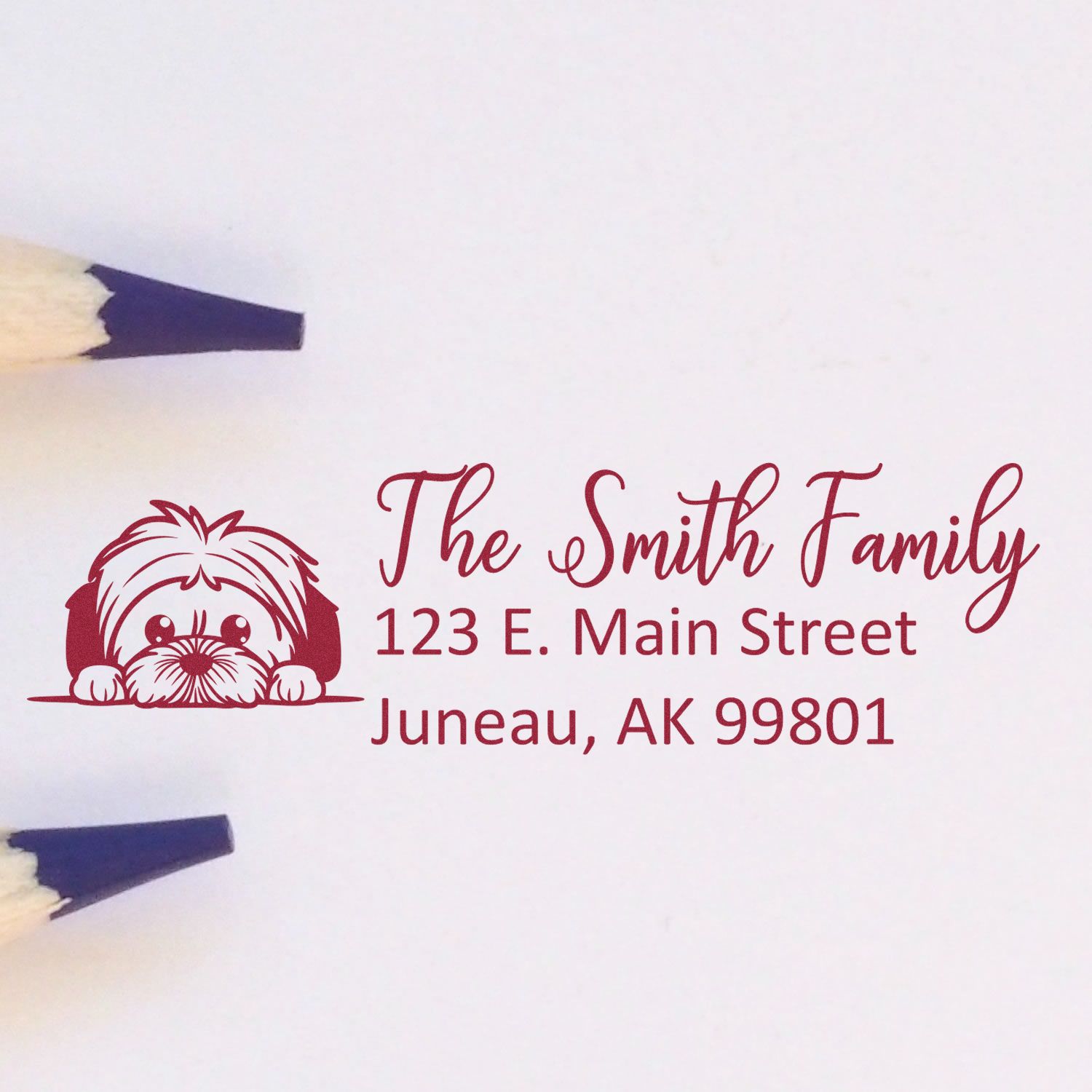 Custom family address rubber stamp with dog illustration, featuring The Smith Family and Juneau, AK return address.