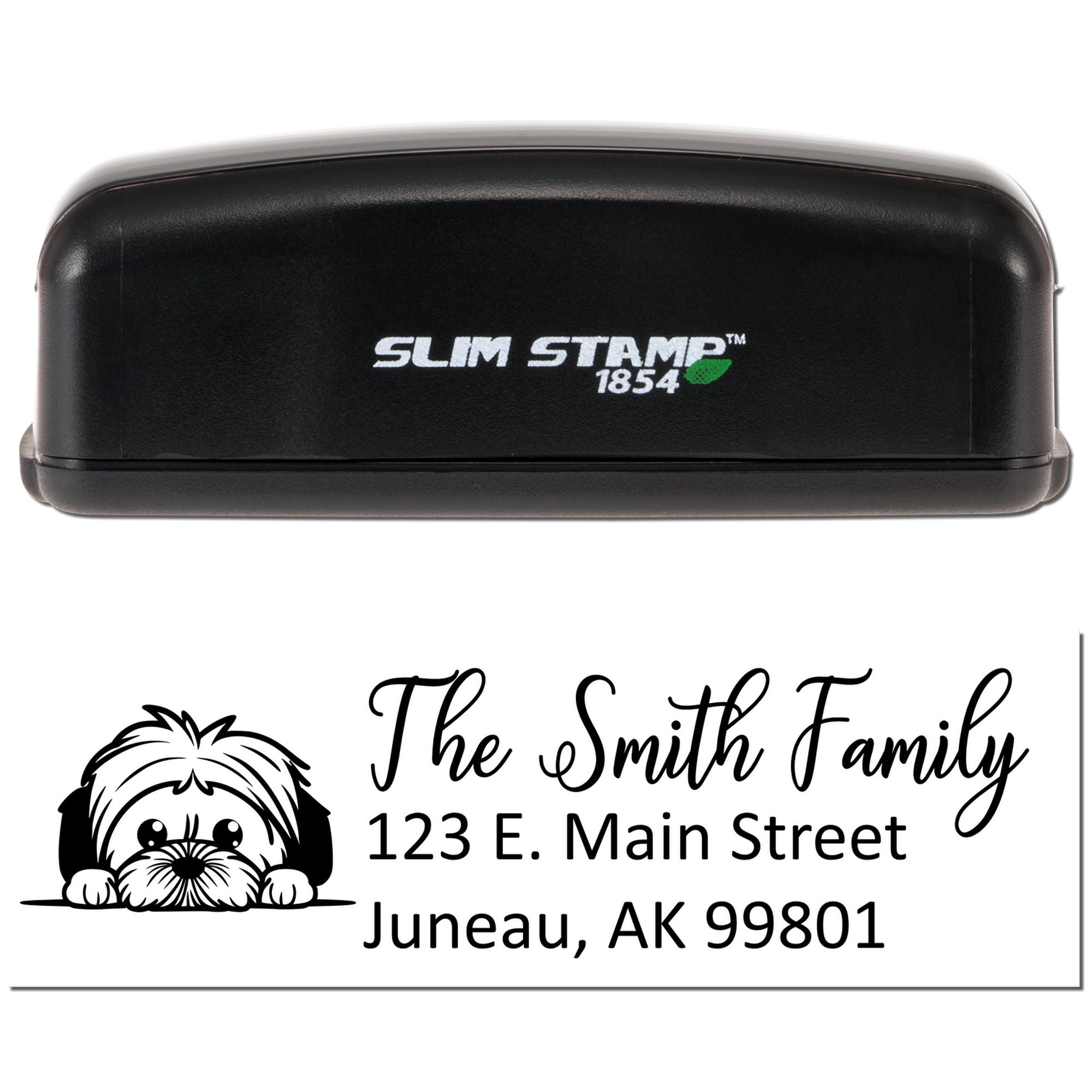 Self-inking custom return address rubber stamp with dog icon, family name, and address sample using Slim Stamp 1854