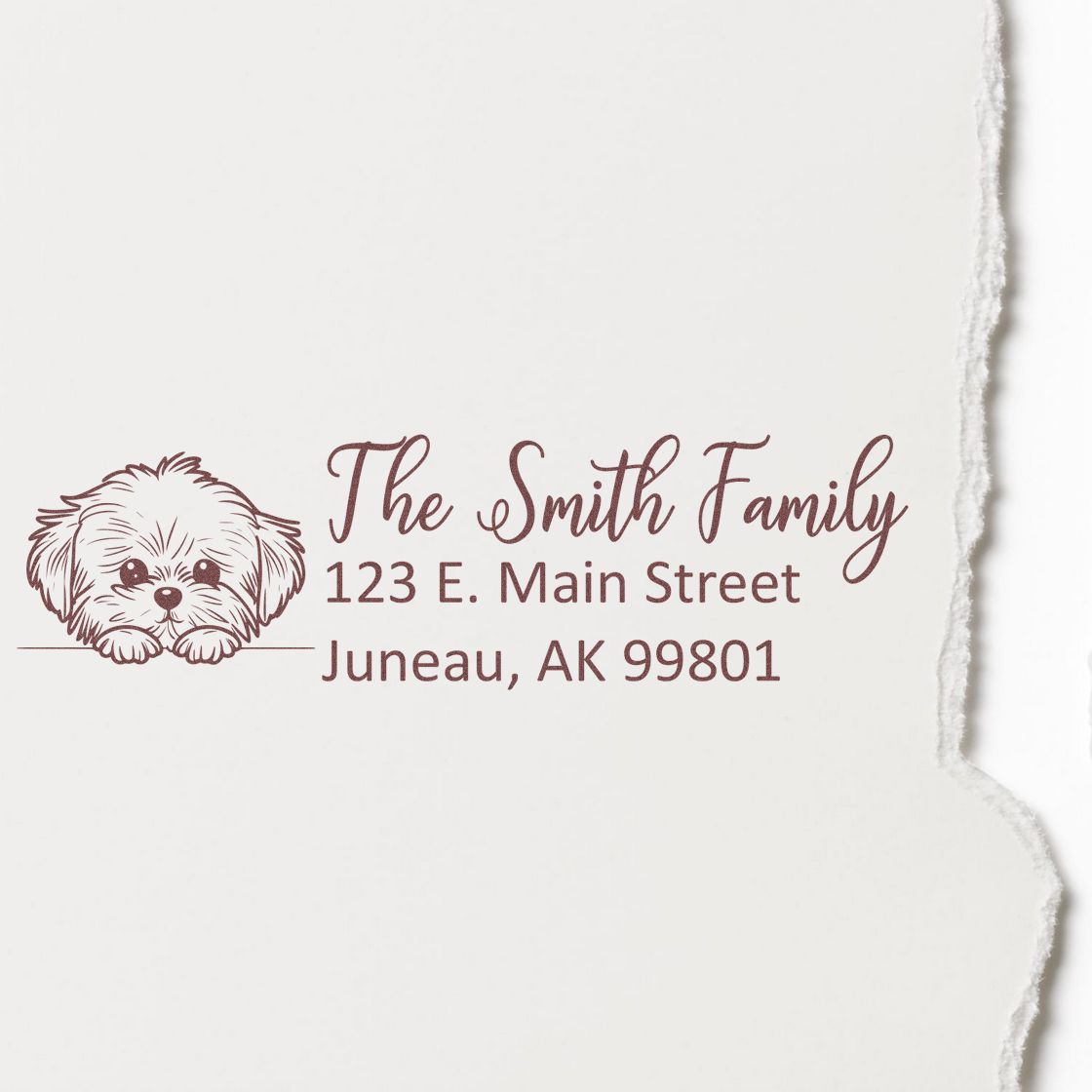 Personalized return address rubber stamp with dog illustration for The Smith Family, 123 E. Main Street, Juneau, AK 99801
