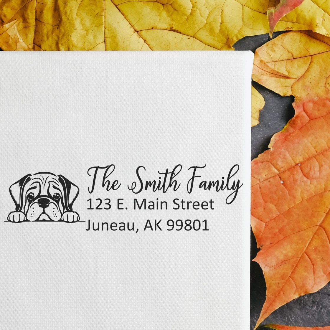 Custom dog return address rubber stamp for The Smith Family, featuring name, address, and pet portrait.