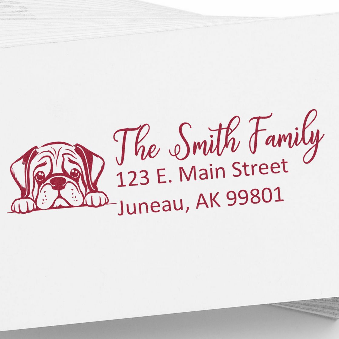 Custom dog address rubber stamp for The Smith Family, 123 E. Main Street, Juneau, AK 99801