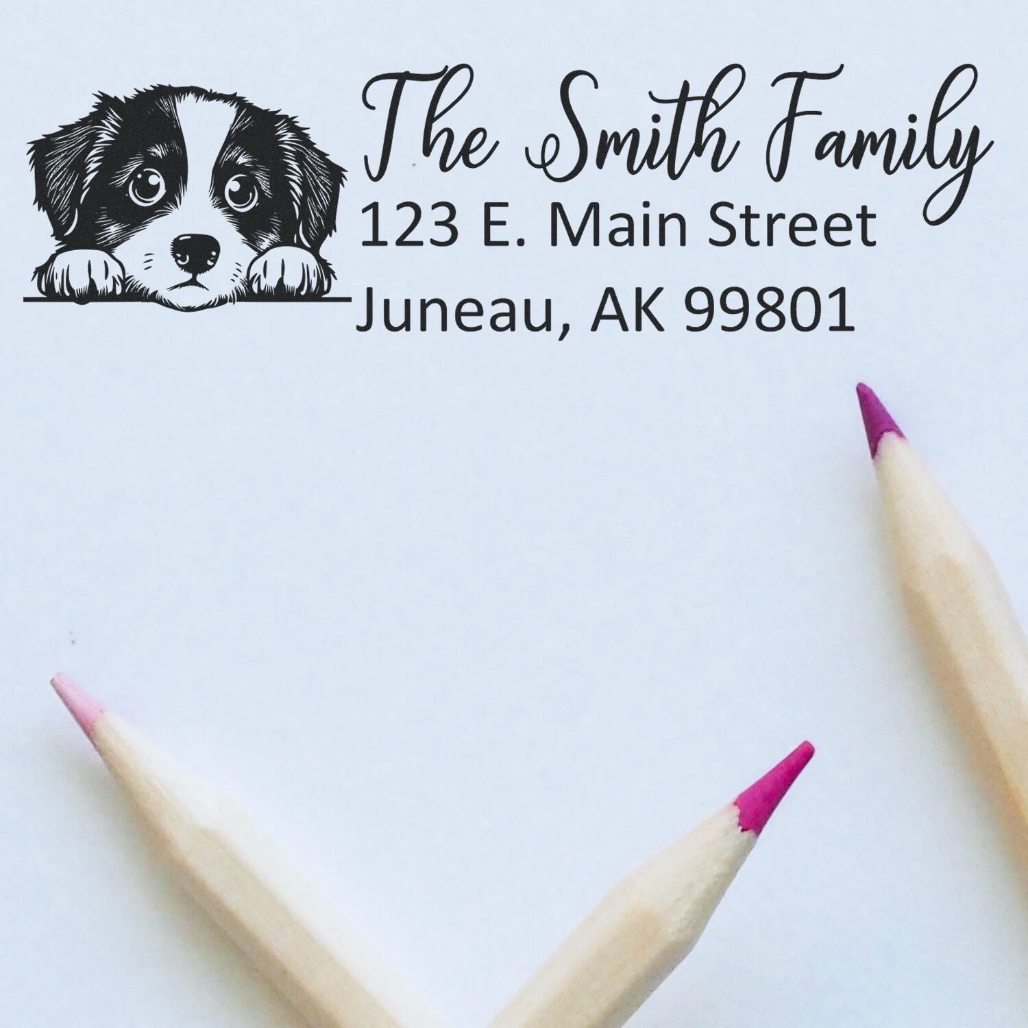 Custom puppy return address rubber stamp for The Smith Family, 123 E. Main Street, Juneau, AK 99801.