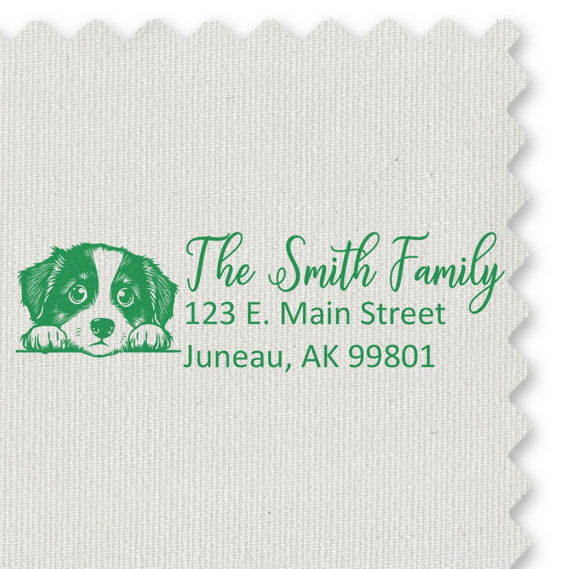 Personalized custom return address rubber stamp with puppy illustration and The Smith Family address.