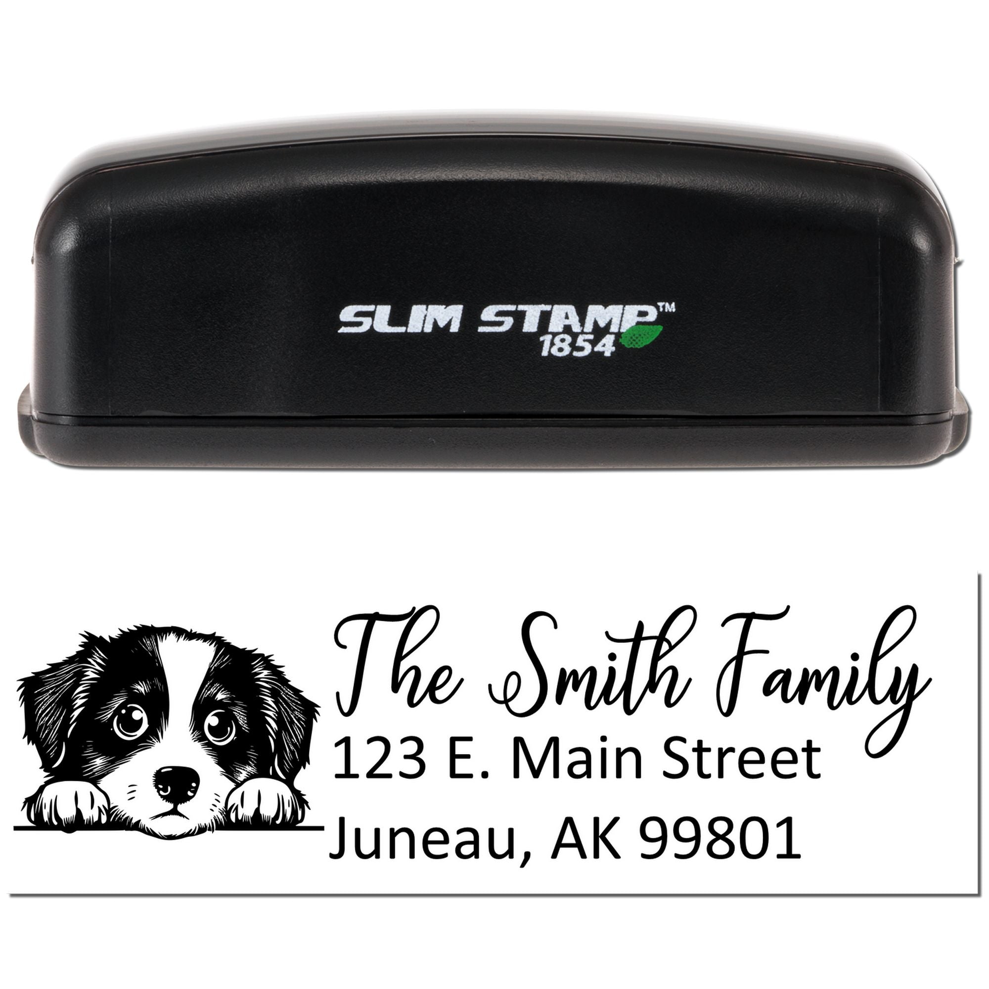 Personalized self-inking rubber return address stamp with dog design, The Smith Family, Juneau, AK mailing details.