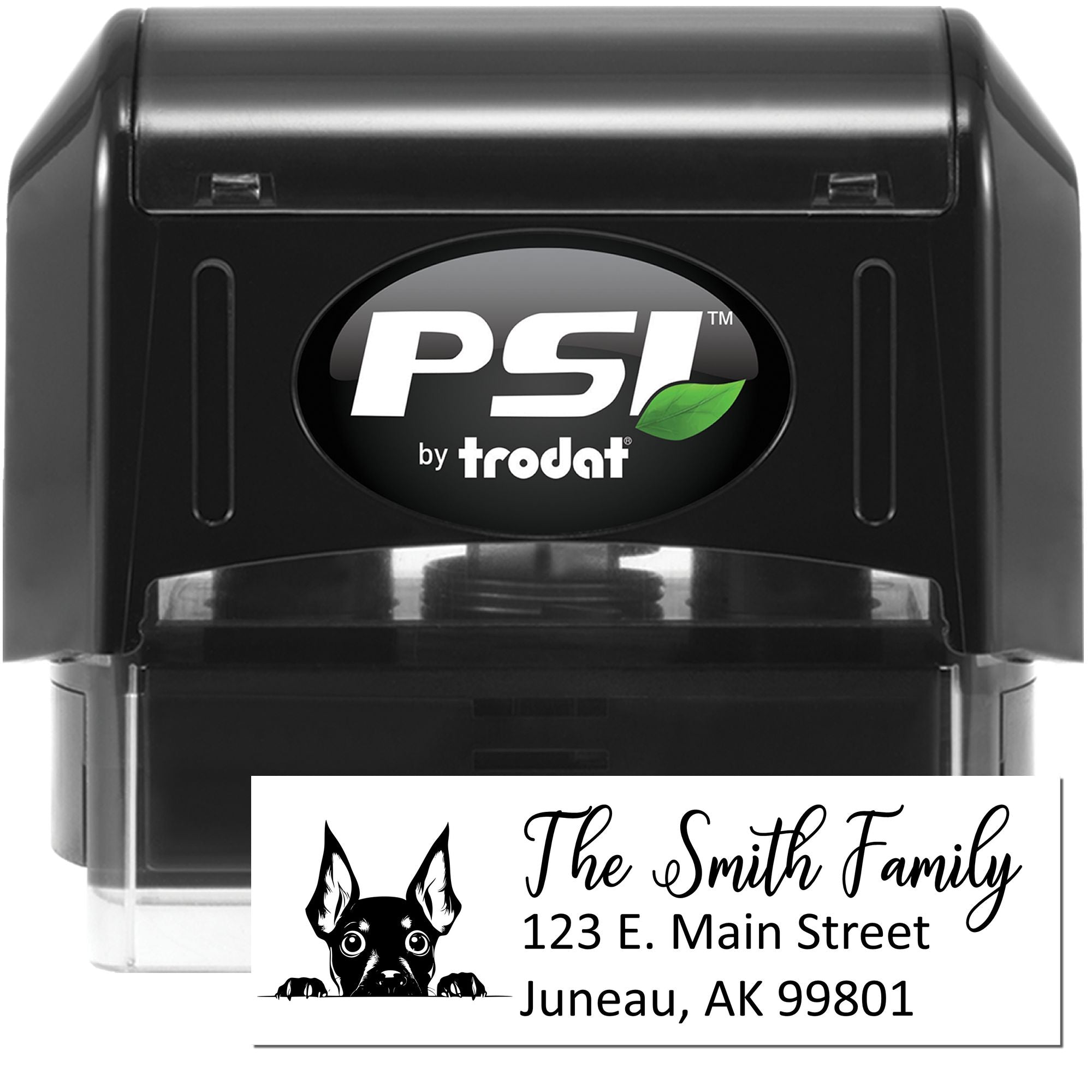 Custom self-inking rubber address stamp for The Smith Family, featuring a dog design and return address.