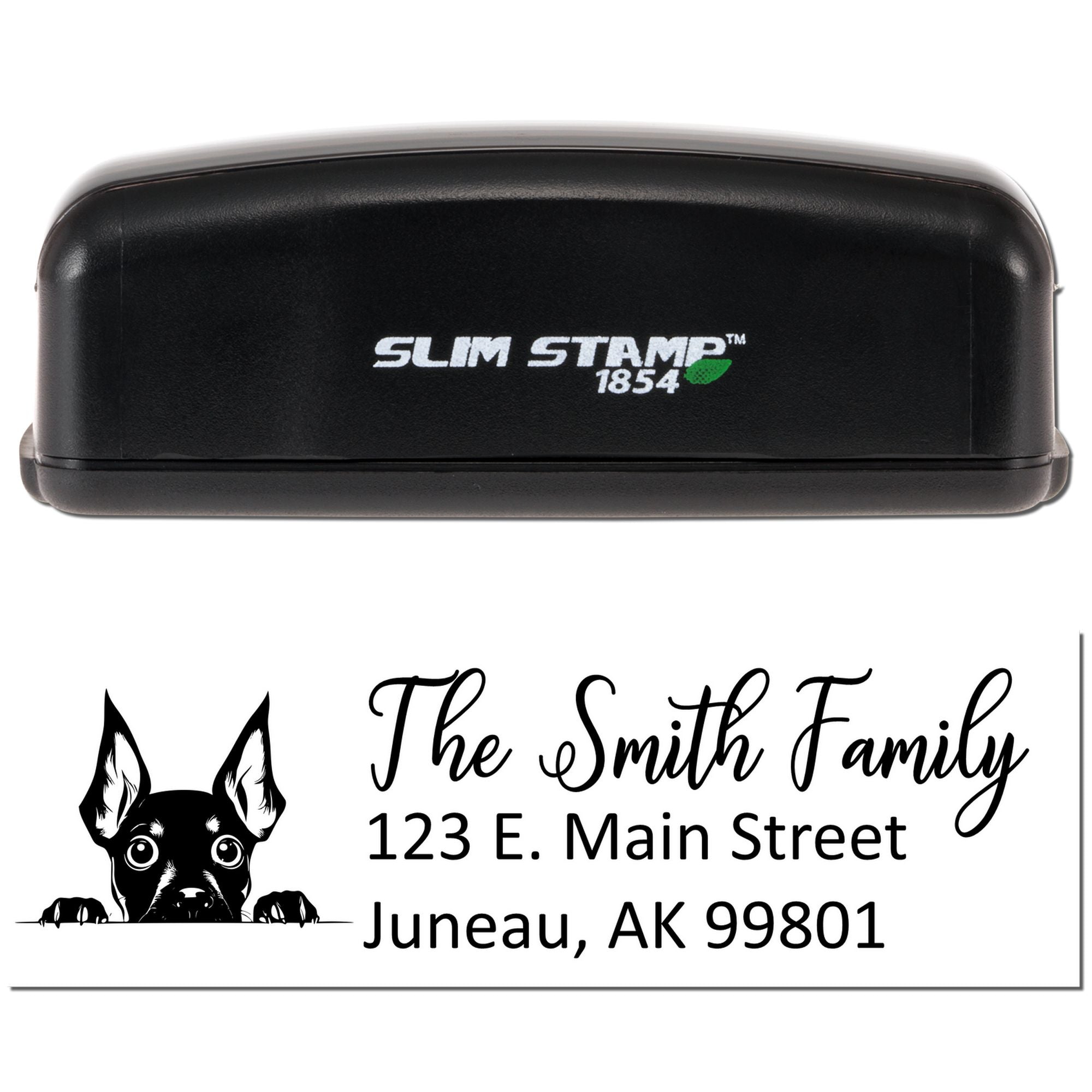 Custom return address rubber stamp with dog logo, The Smith Family, and Juneau, AK; shown with Slim Stamp self-inking case.