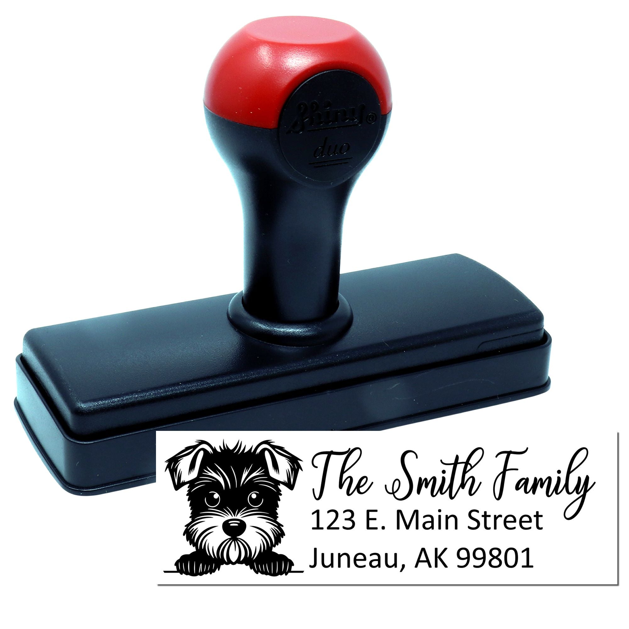 Personalized self-inking rubber stamp with dog logo for custom family address and mailing labels.