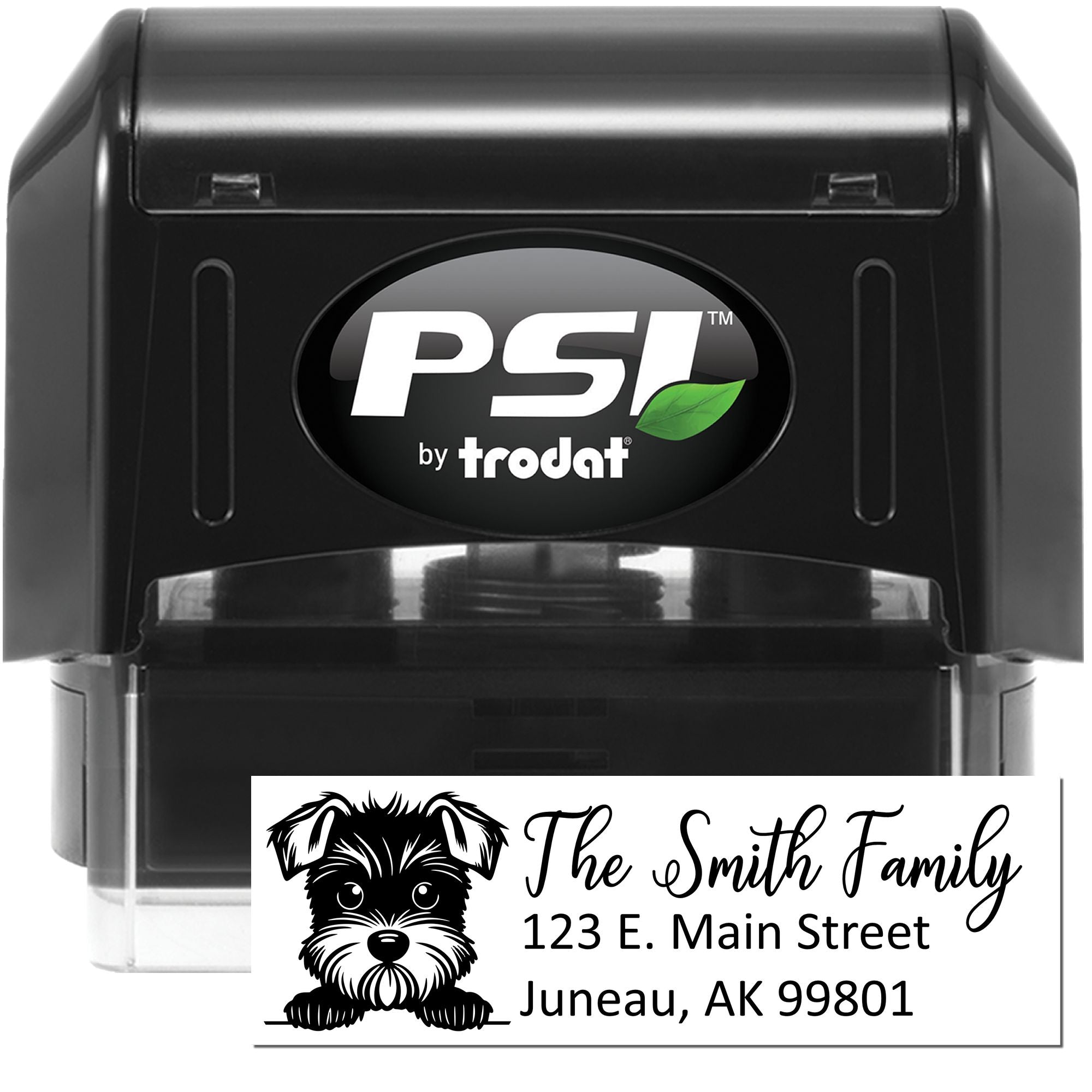 Custom self-inking address rubber stamp by PSI Trodat with dog artwork, family name, and return address.