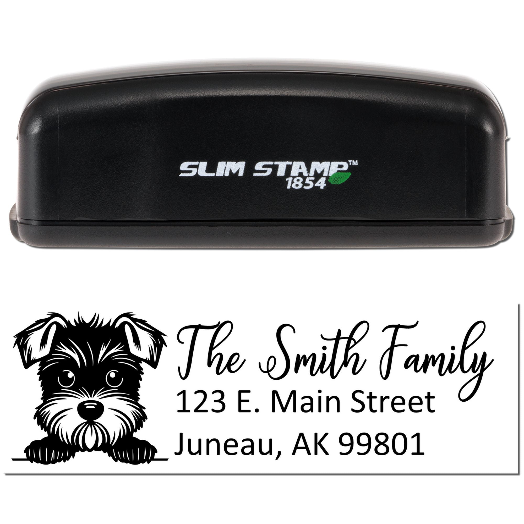 Slim Stamp 1854 custom self-inking address rubber stamp with dog design for The Smith Family, Juneau AK