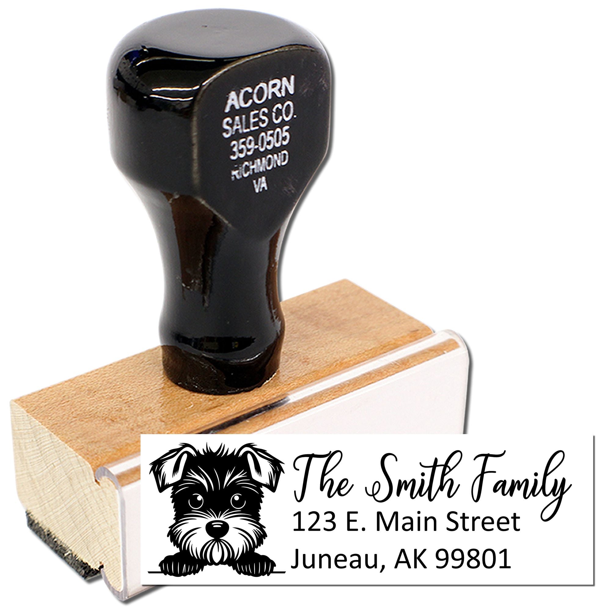 Custom dog family return address rubber stamp with The Smith Family and Juneau, AK mailing details.