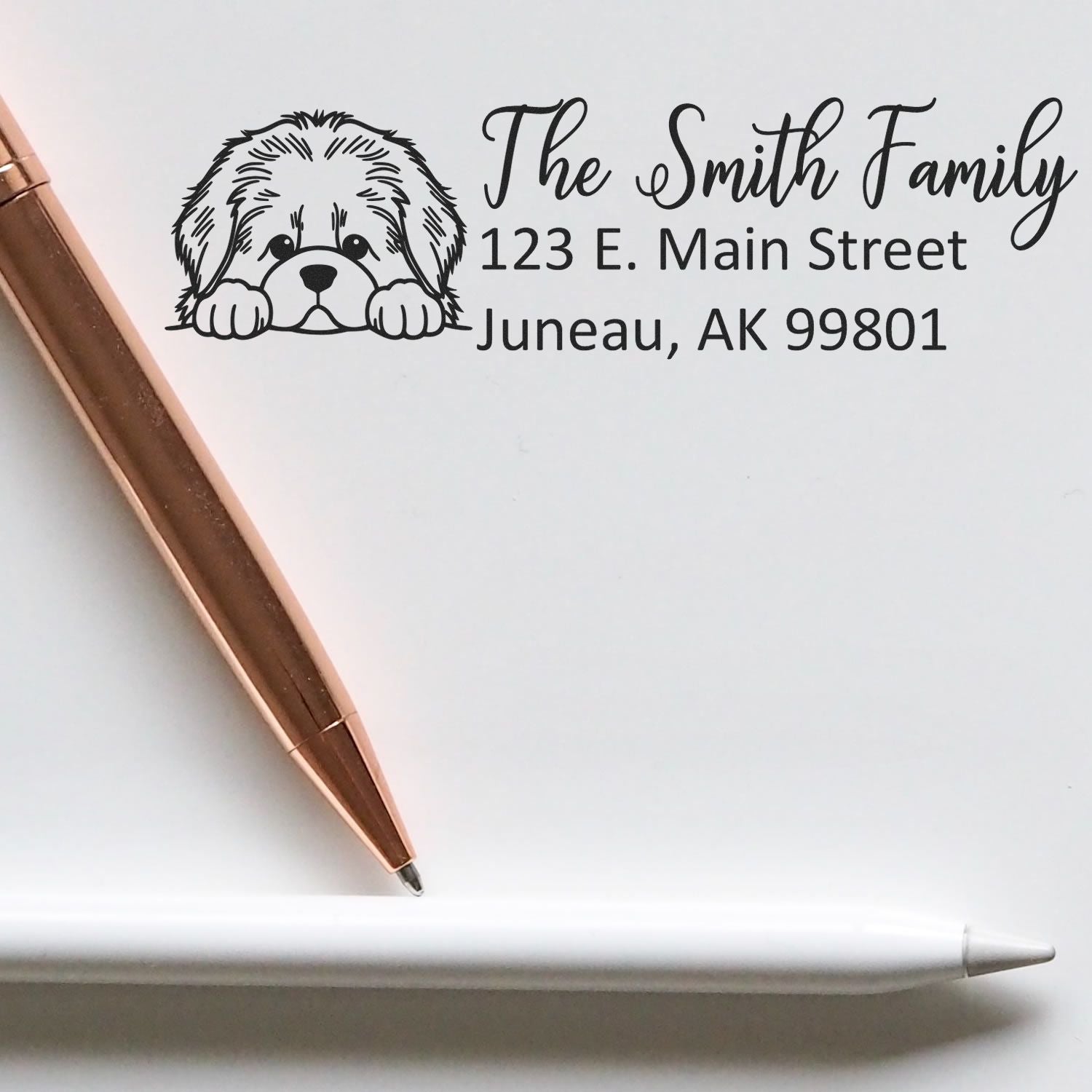 Custom dog address stamp for The Smith Family, featuring a personalized return address in Juneau, AK.