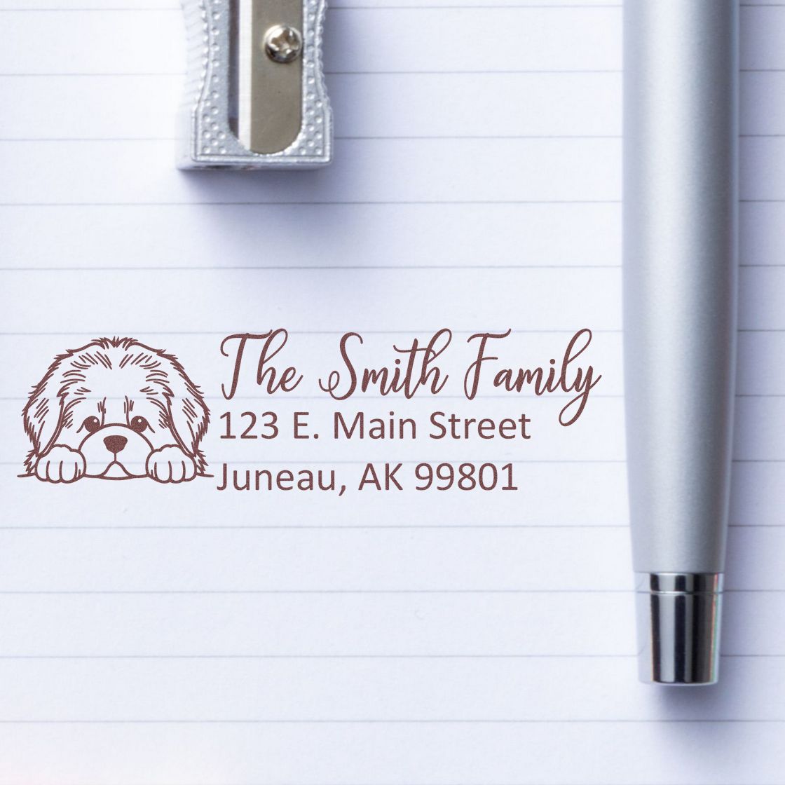 Personalized return address rubber stamp with dog illustration for The Smith Family, Juneau, AK