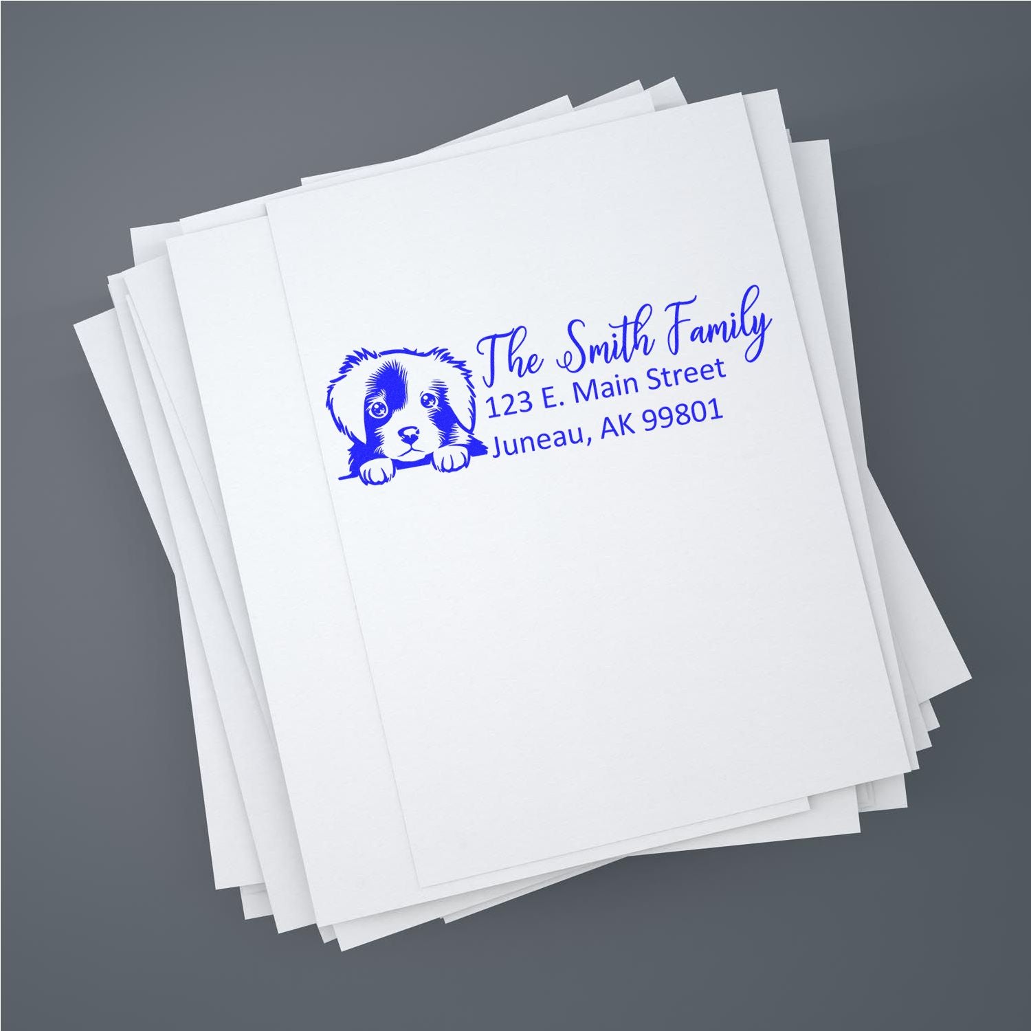 Custom return address rubber stamp with dog logo on envelopes for The Smith Family, Juneau, AK.