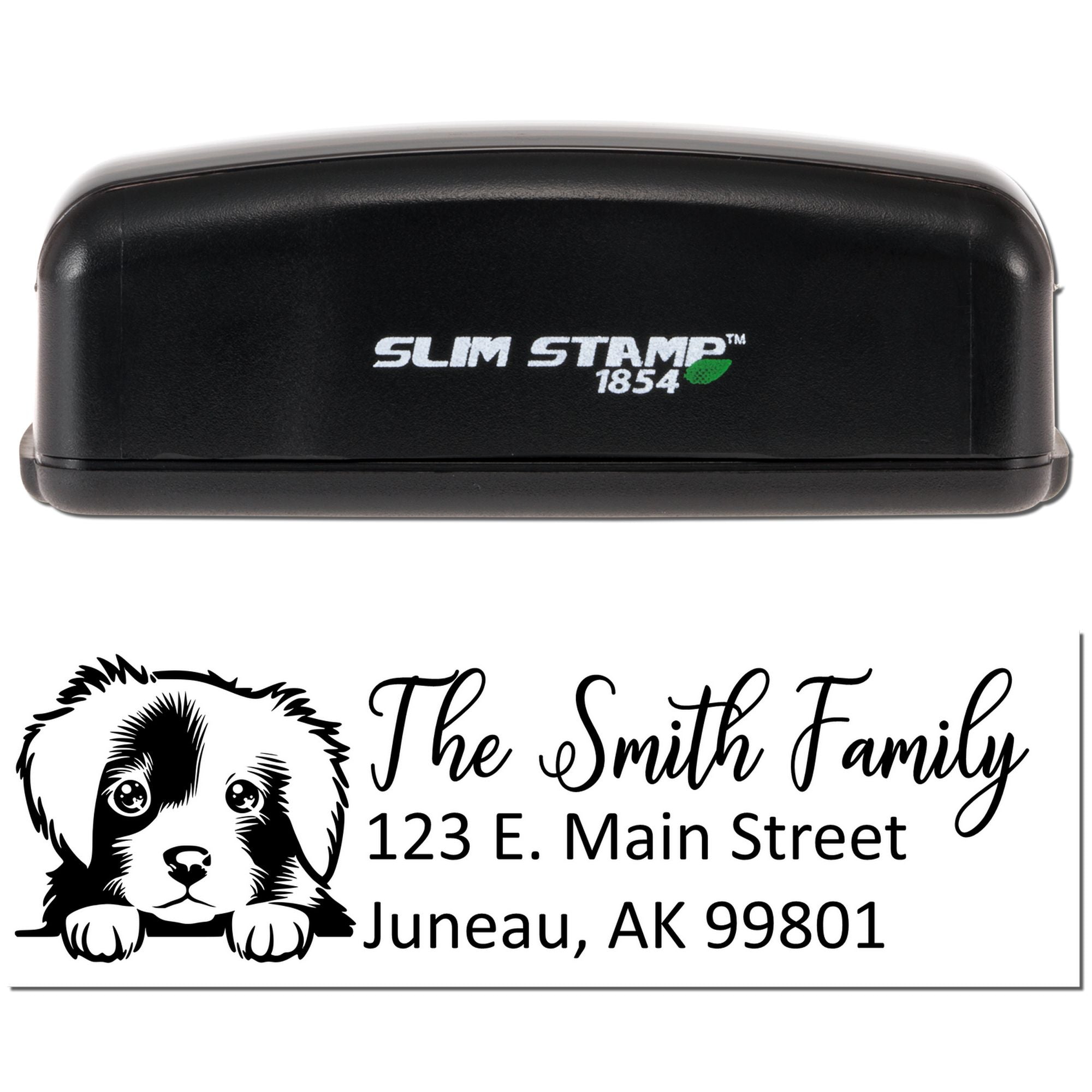 Slim Stamp 1854 self-inking custom rubber address stamp with puppy design for The Smith Family.
