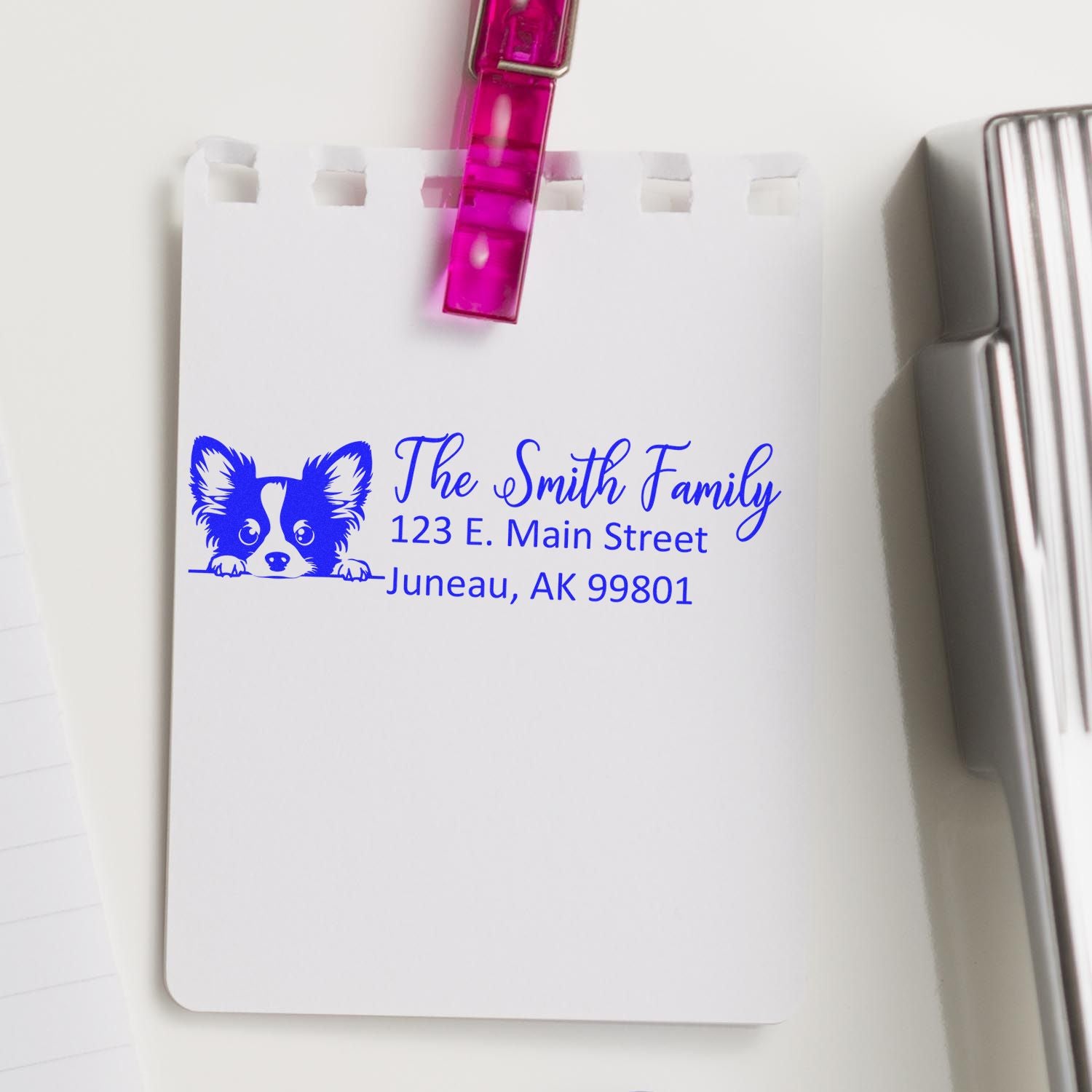 Custom return address rubber stamp with dog logo for The Smith Family, featuring Juneau, AK mailing address.