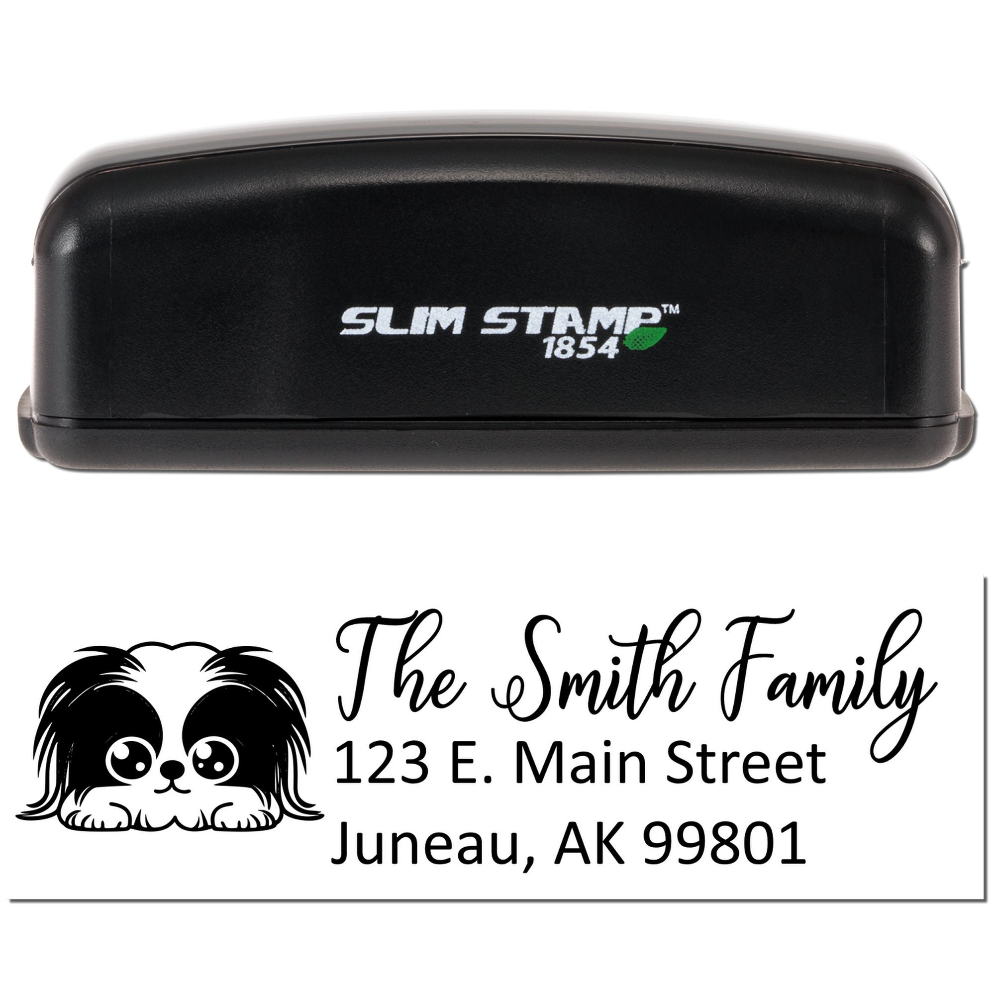 Slim Stamp 1854 self-inking rubber stamp with custom dog address design for The Smith Family, Juneau, AK.