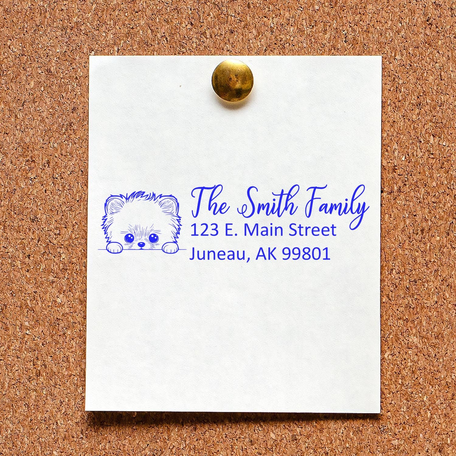 Personalized return address rubber stamp with dog icon for The Smith Family, 123 E. Main Street, Juneau, AK 99801