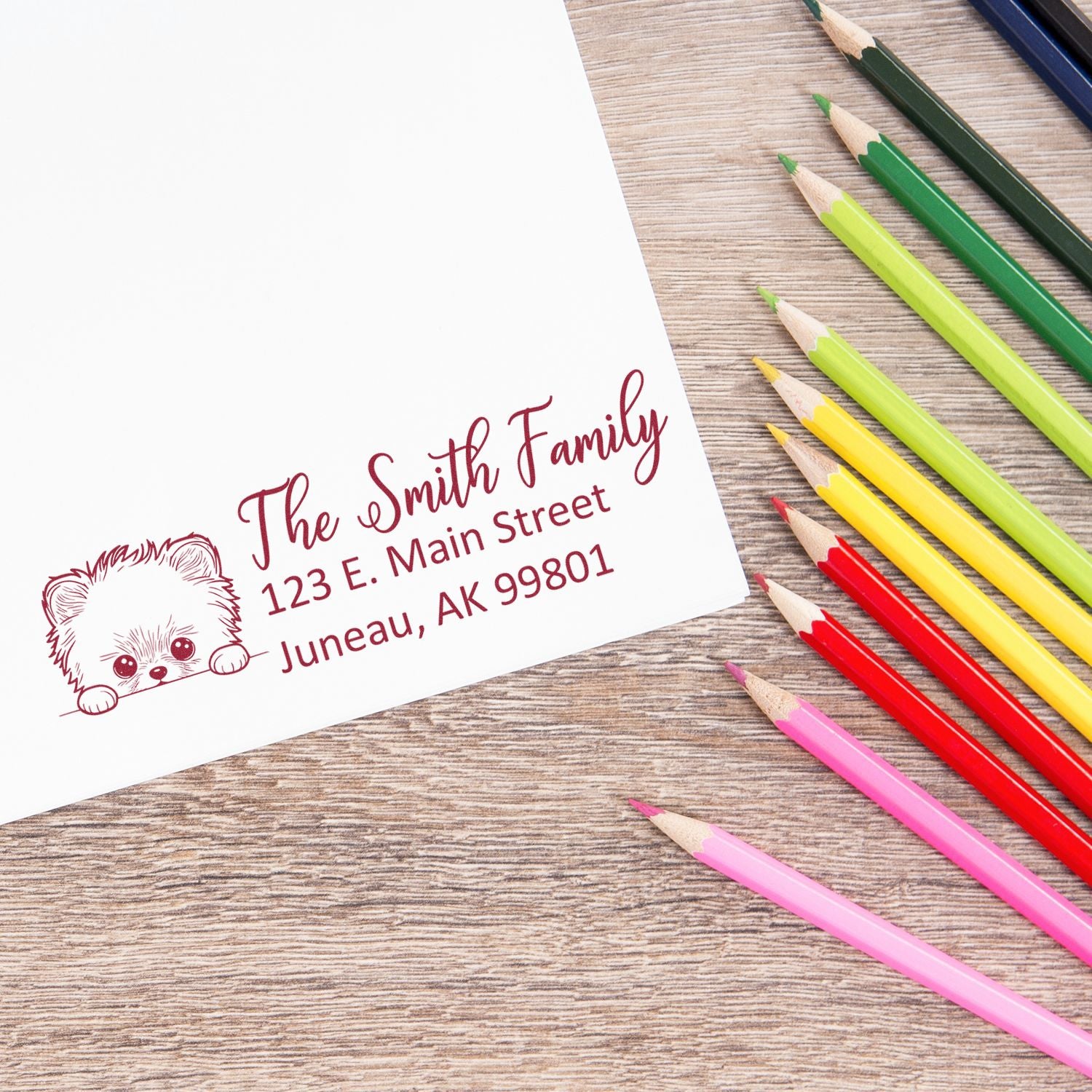 Custom address rubber stamp with dog design on envelope, showing The Smith Family return address in Juneau, AK.