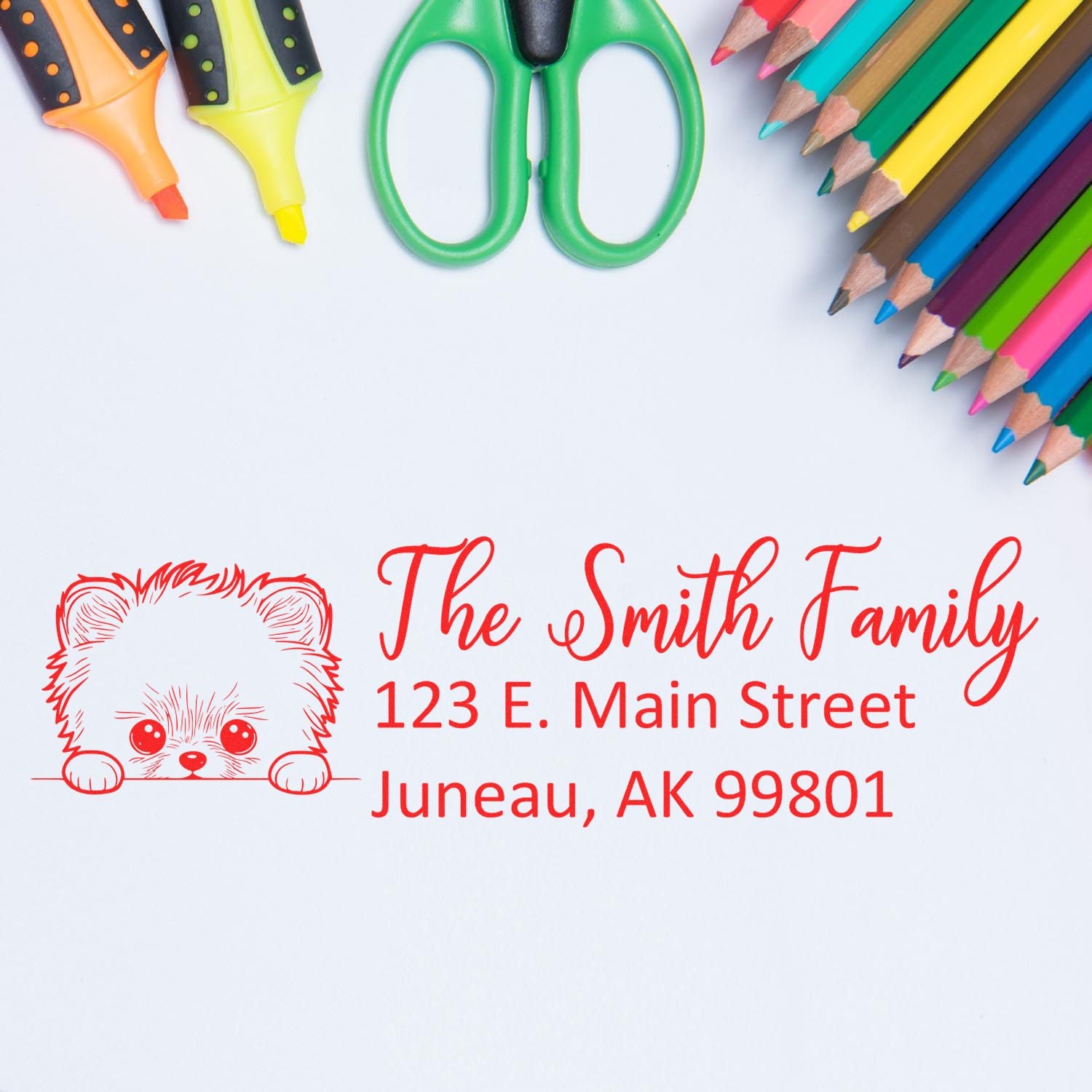 Custom return address rubber stamp with dog illustration, family name, and street address for personalized mailing.