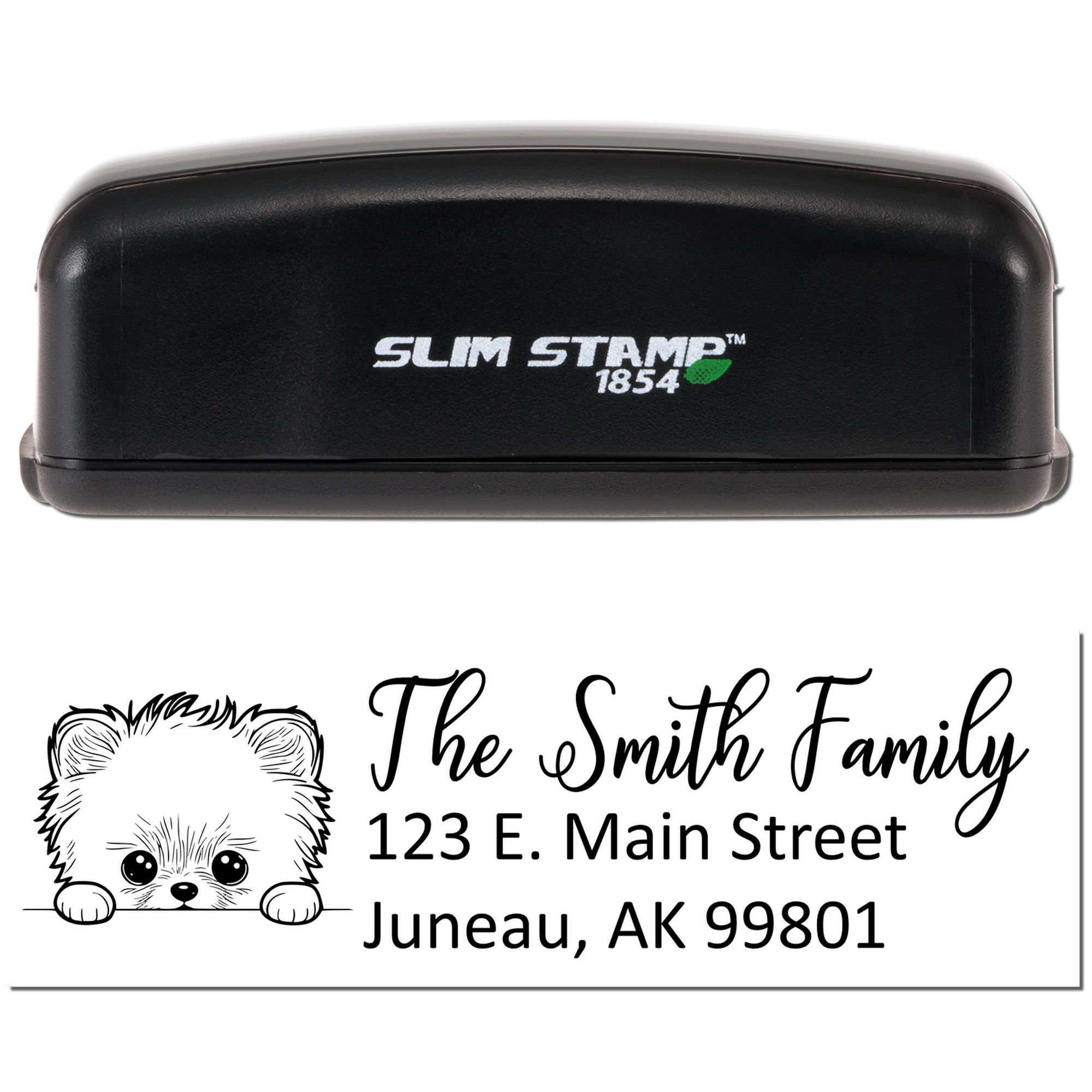 Slim Stamp 1854 self-inking rubber stamp with custom return address design featuring puppy graphic for The Smith Family.