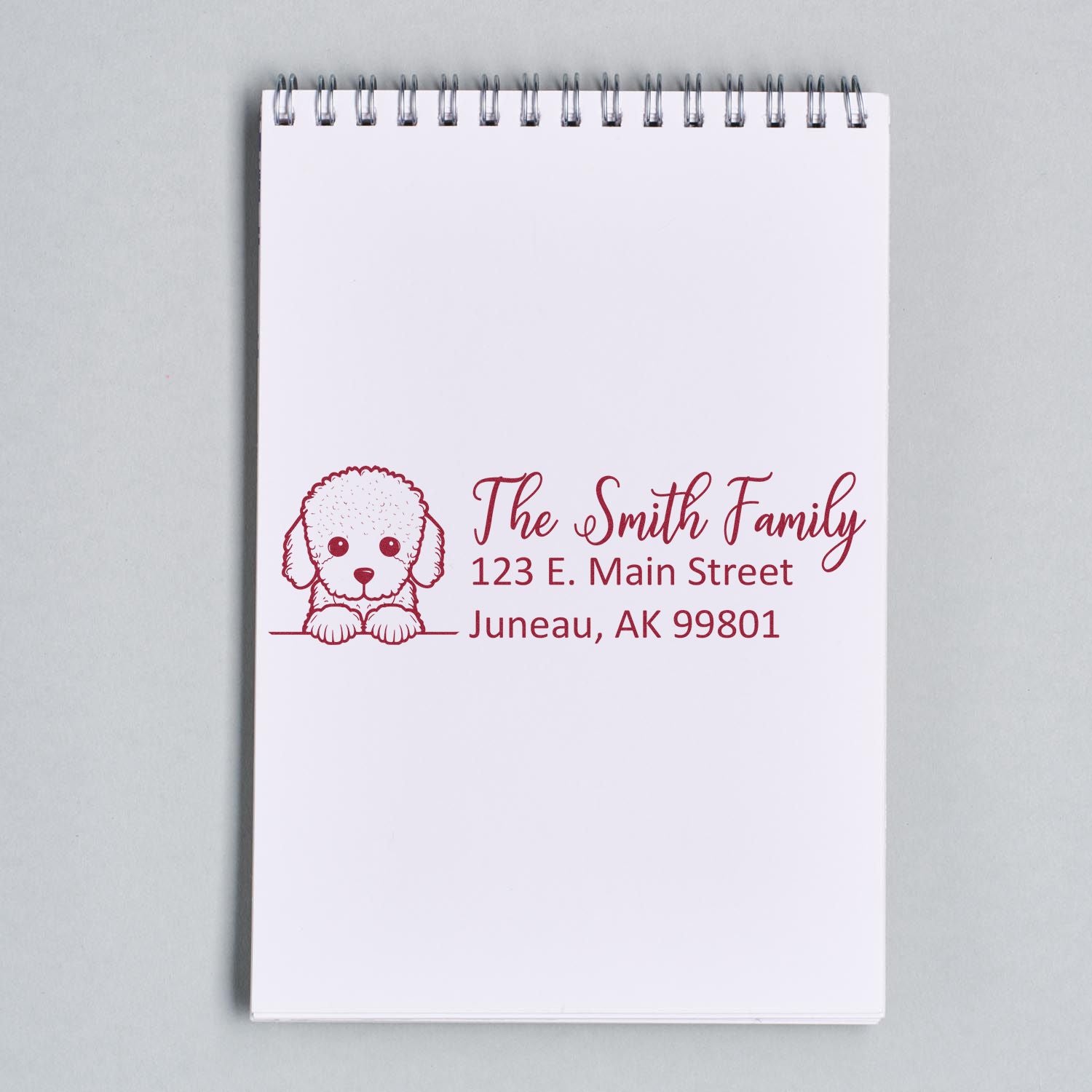 Custom family return address rubber stamp with dog illustration, The Smith Family, Juneau, AK