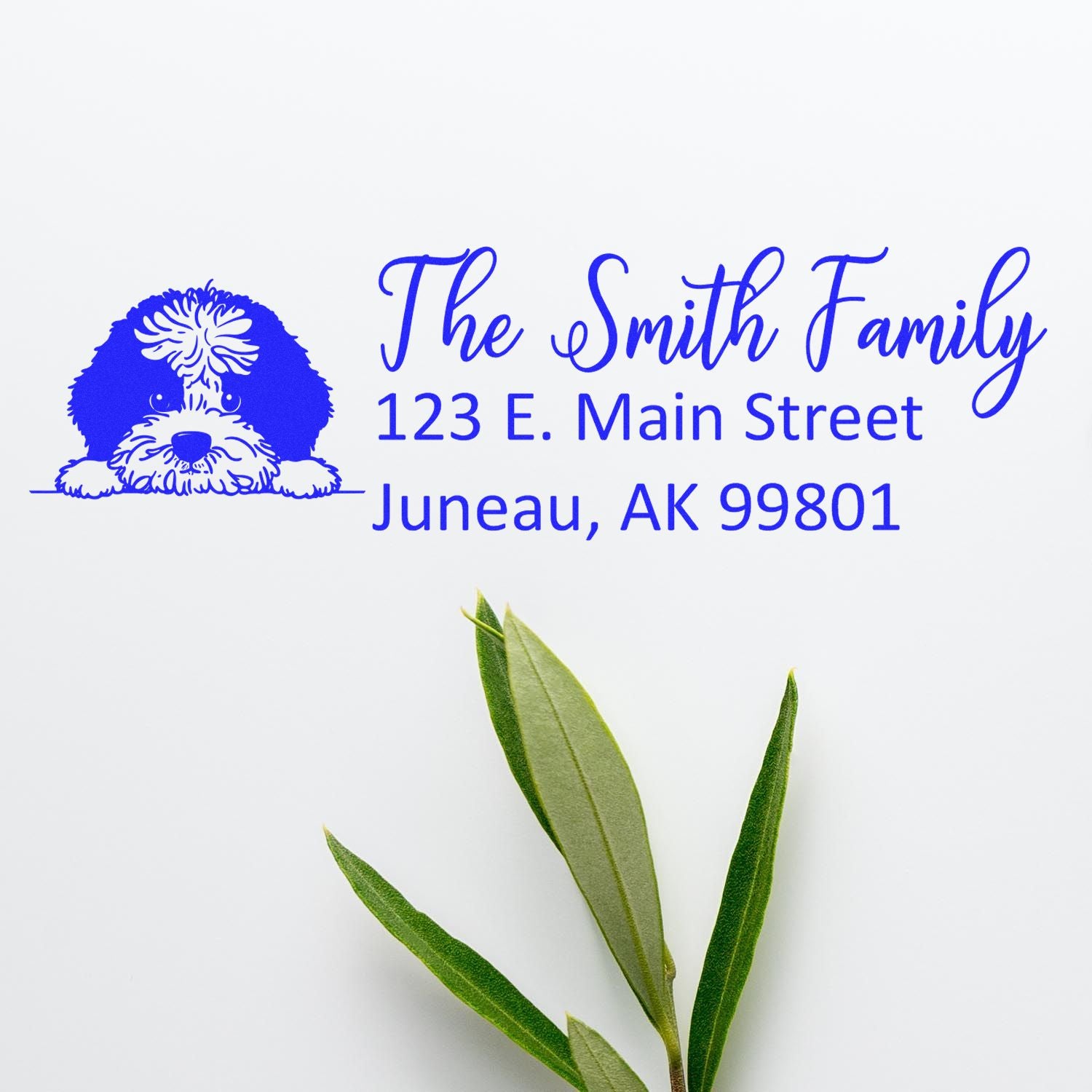 Personalized dog-themed return address rubber stamp for The Smith Family, Juneau, AK 99801.