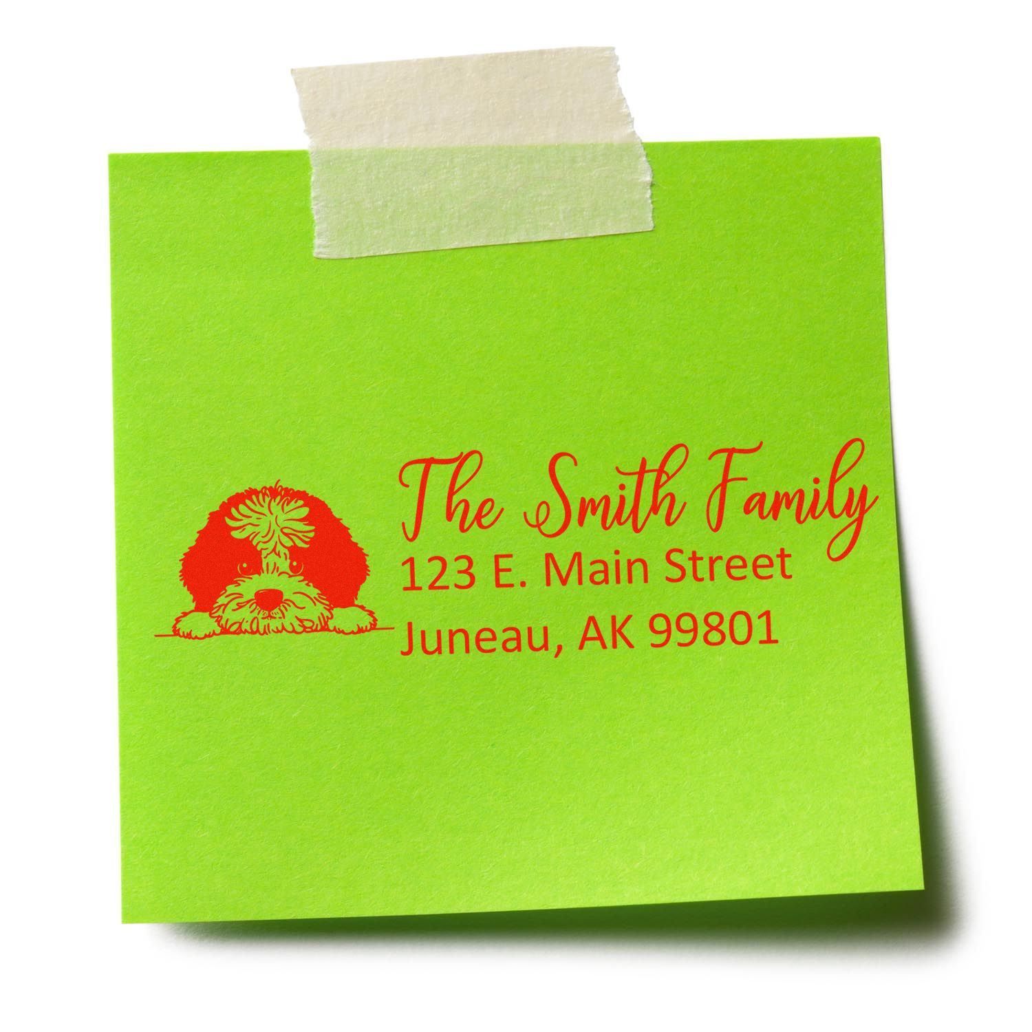 Custom return address rubber stamp with dog design for The Smith Family, featuring name and Juneau, AK address.