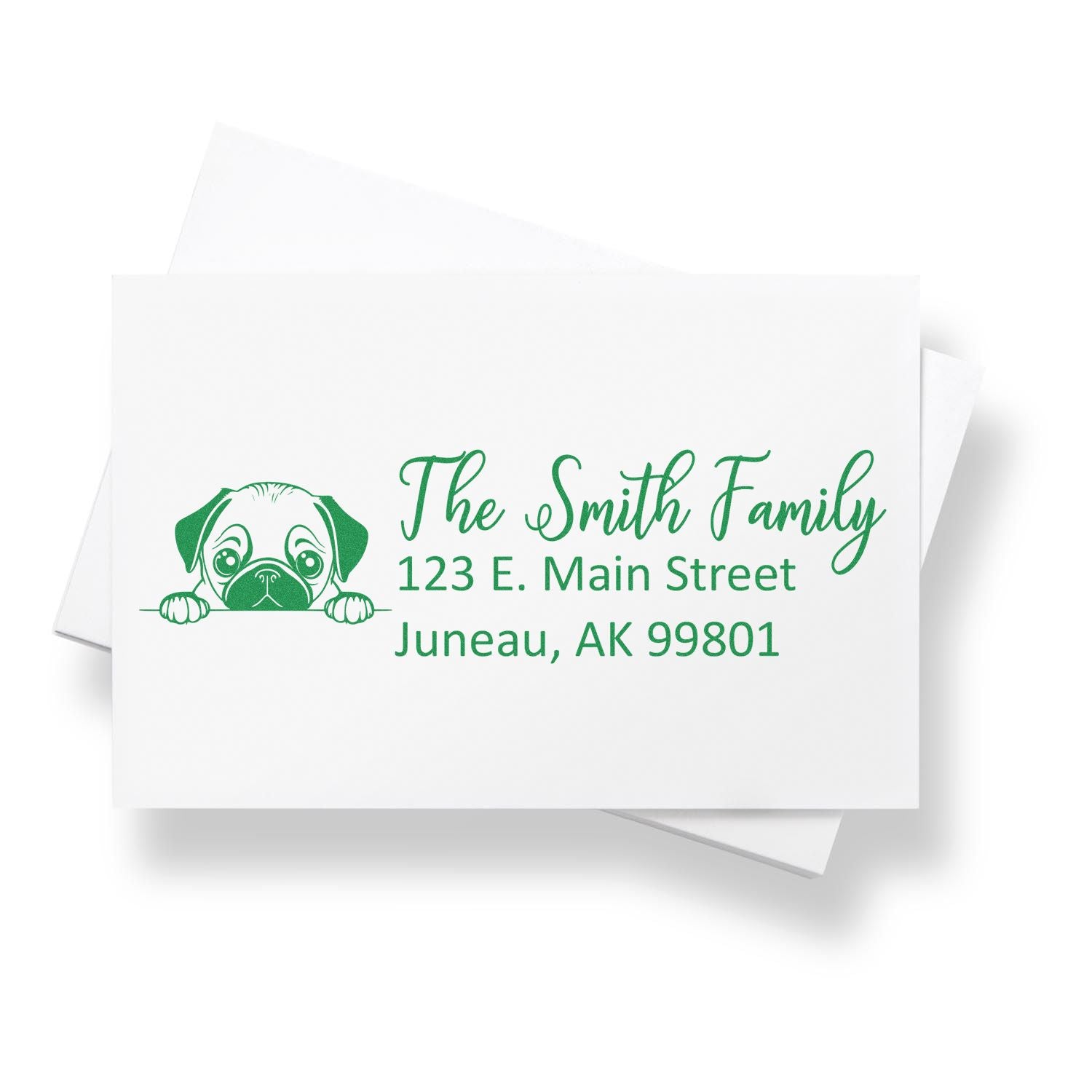 Custom rubber address stamp with dog design for The Smith Family, personalized return address for envelopes and stationery.
