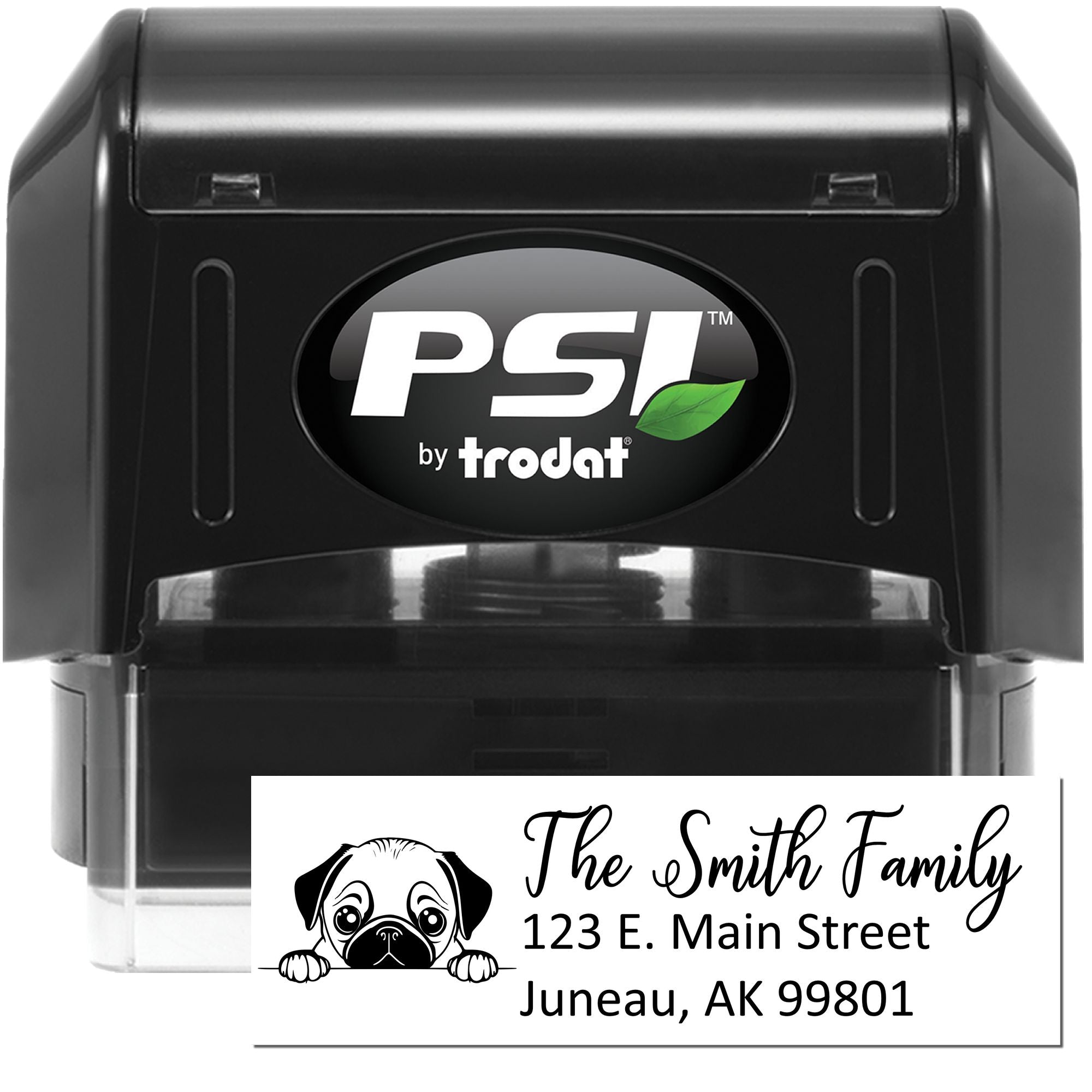PSI by Trodat self-inking rubber stamp for custom address labels with dog graphic and Smith family return address.