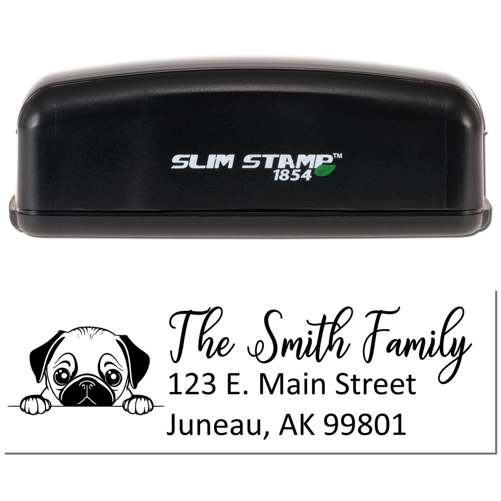 Slim Stamp 1854 self-inking custom rubber stamp with dog icon, family name, and return address for mailing.