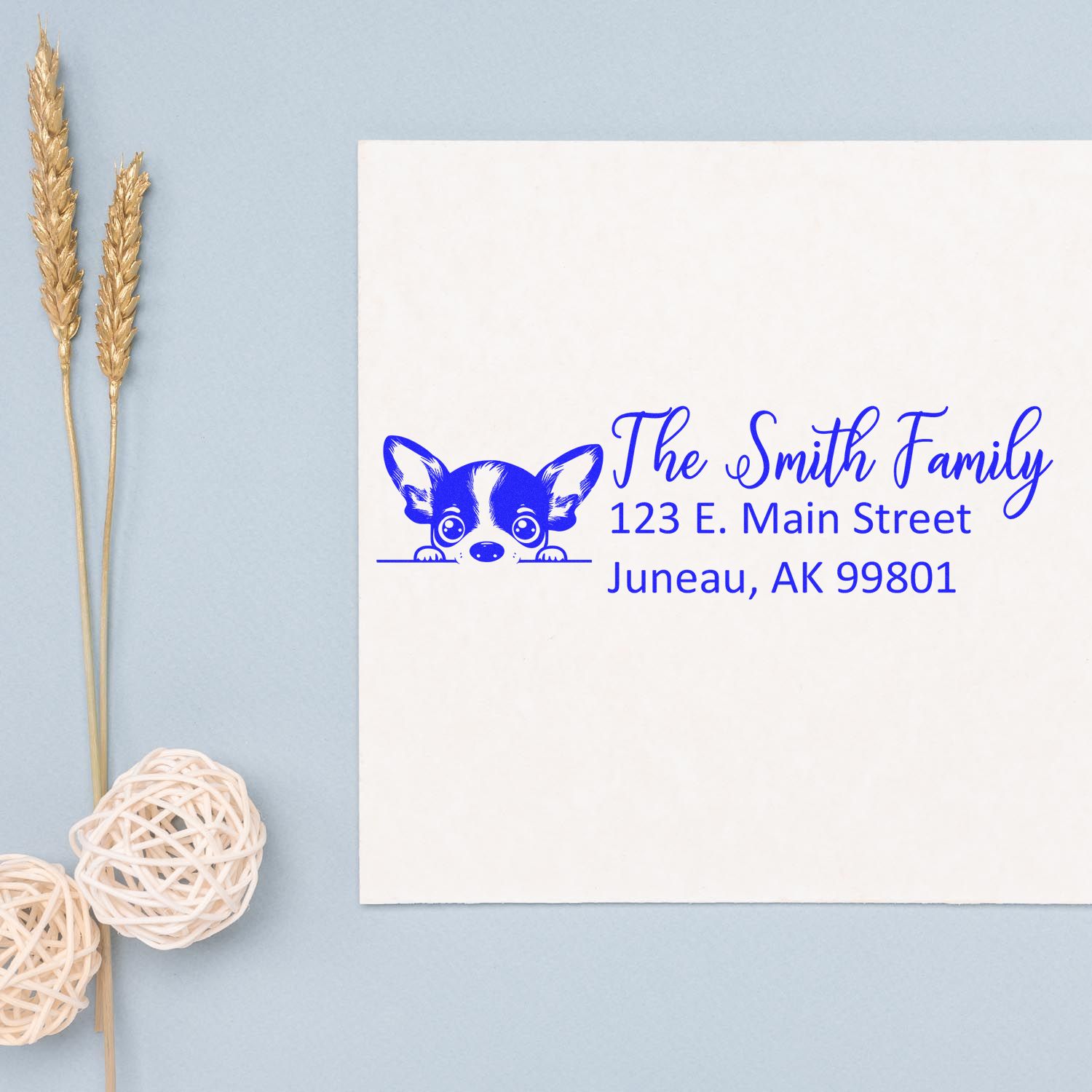 Custom return address rubber stamp with dog illustration, The Smith Family name, and address on a white card.