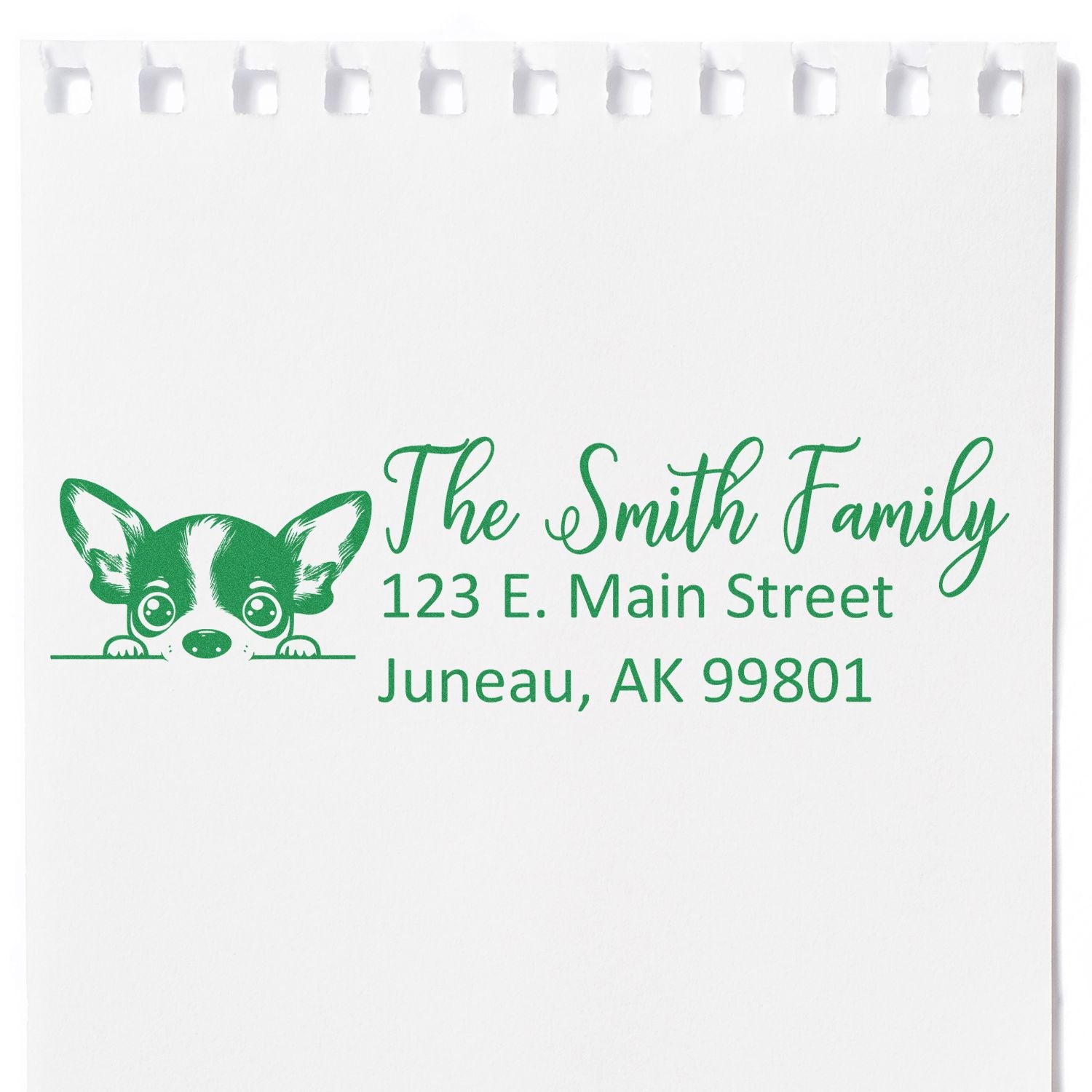 Custom return address rubber stamp with puppy design for The Smith Family, 123 E. Main Street, Juneau, AK 99801