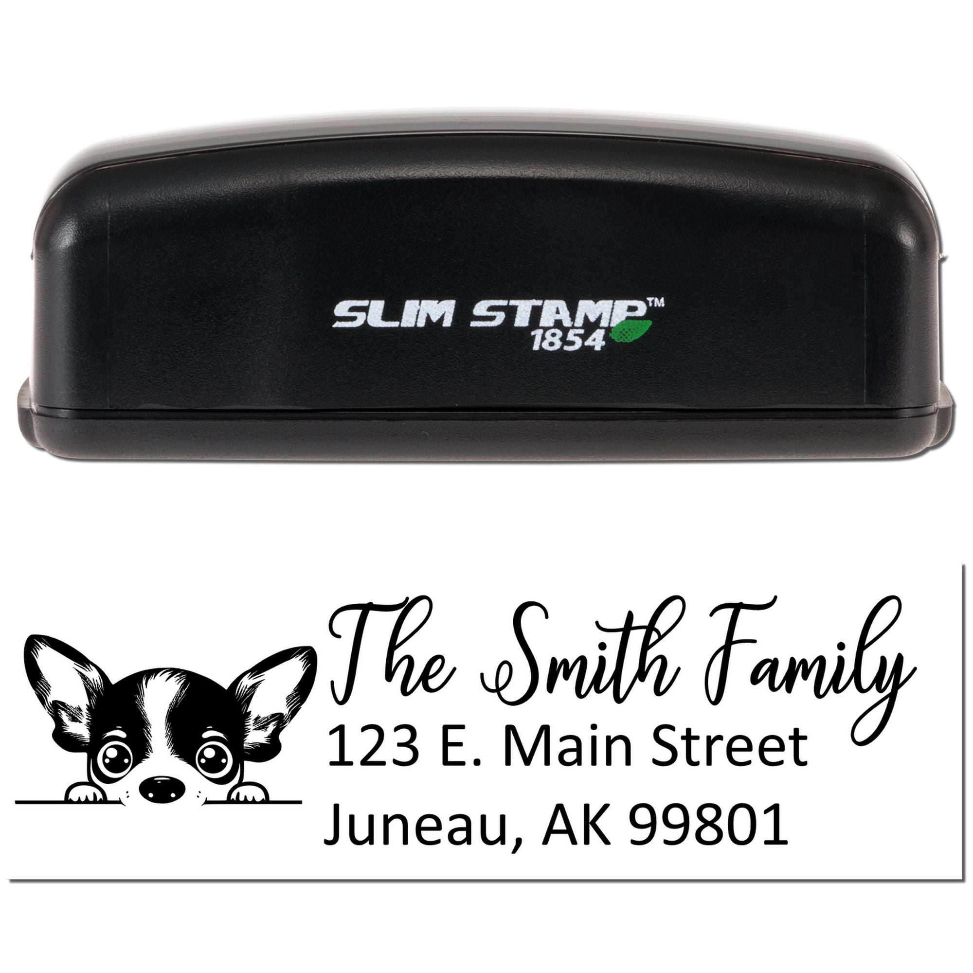 Slim Stamp 1854 self-inking custom address rubber stamp with dog design and return address imprint