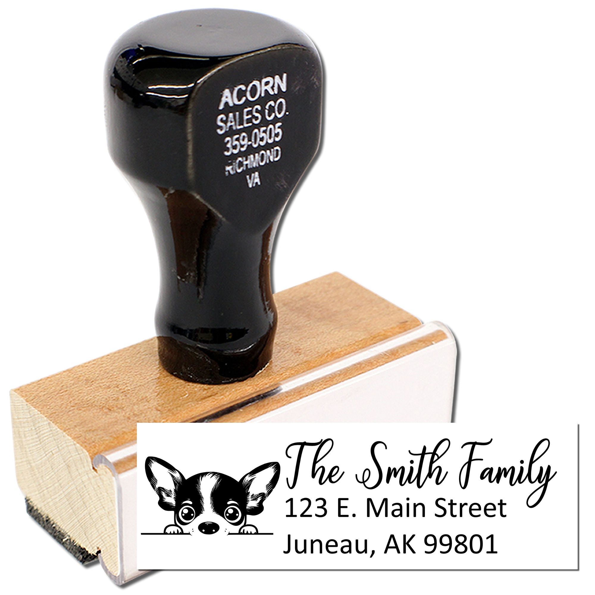 Custom self-inking return address rubber stamp with dog design, personalized for The Smith Family, Juneau, AK mailings.