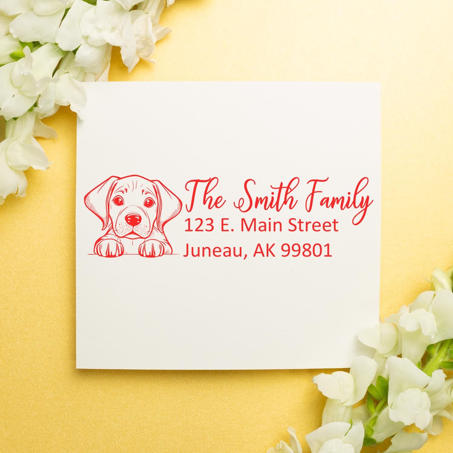 Personalized dog return address rubber stamp with The Smith Family name and Juneau, AK address.