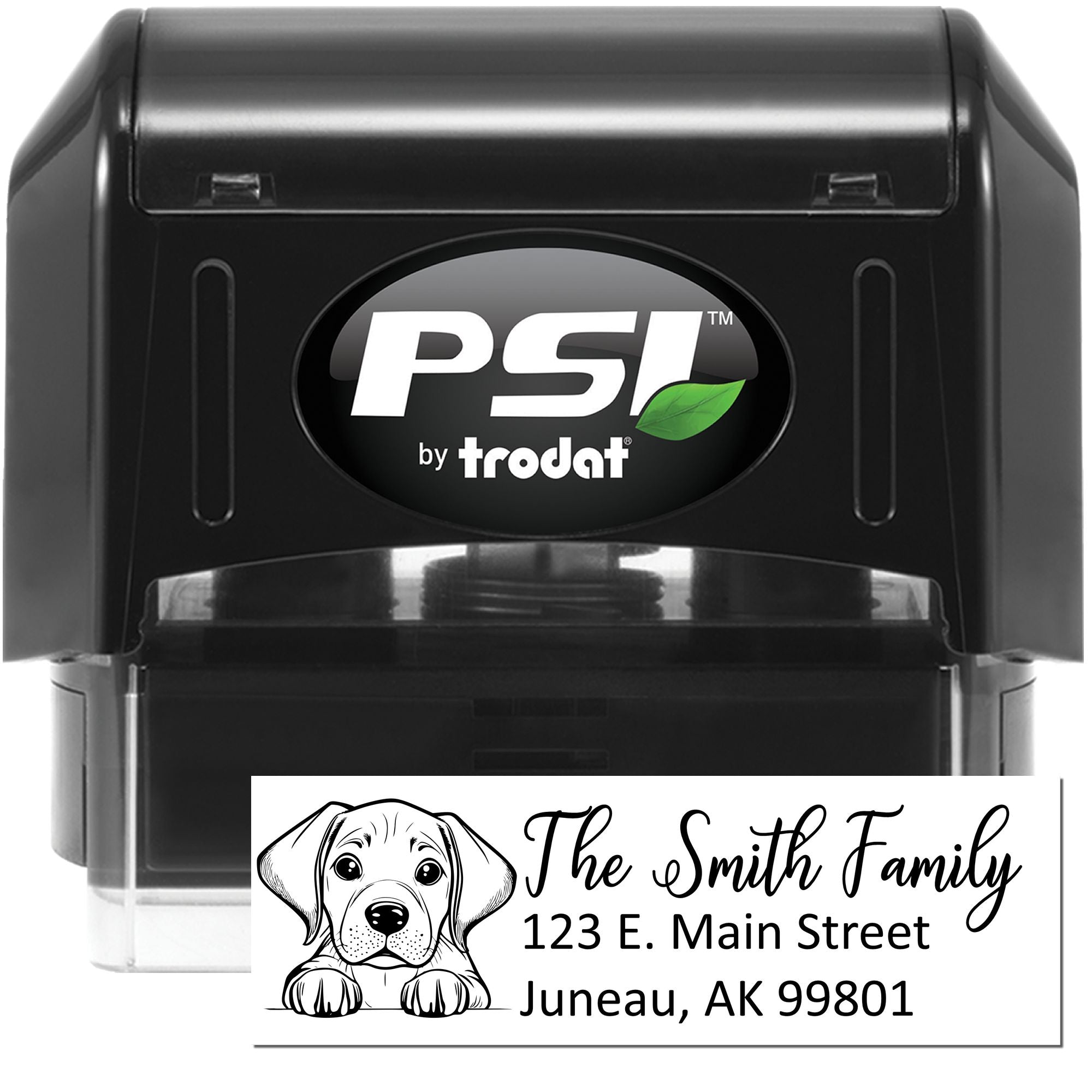 Custom self-inking address rubber stamp with dog illustration for The Smith Family, featuring personalized Juneau, AK mailing address.