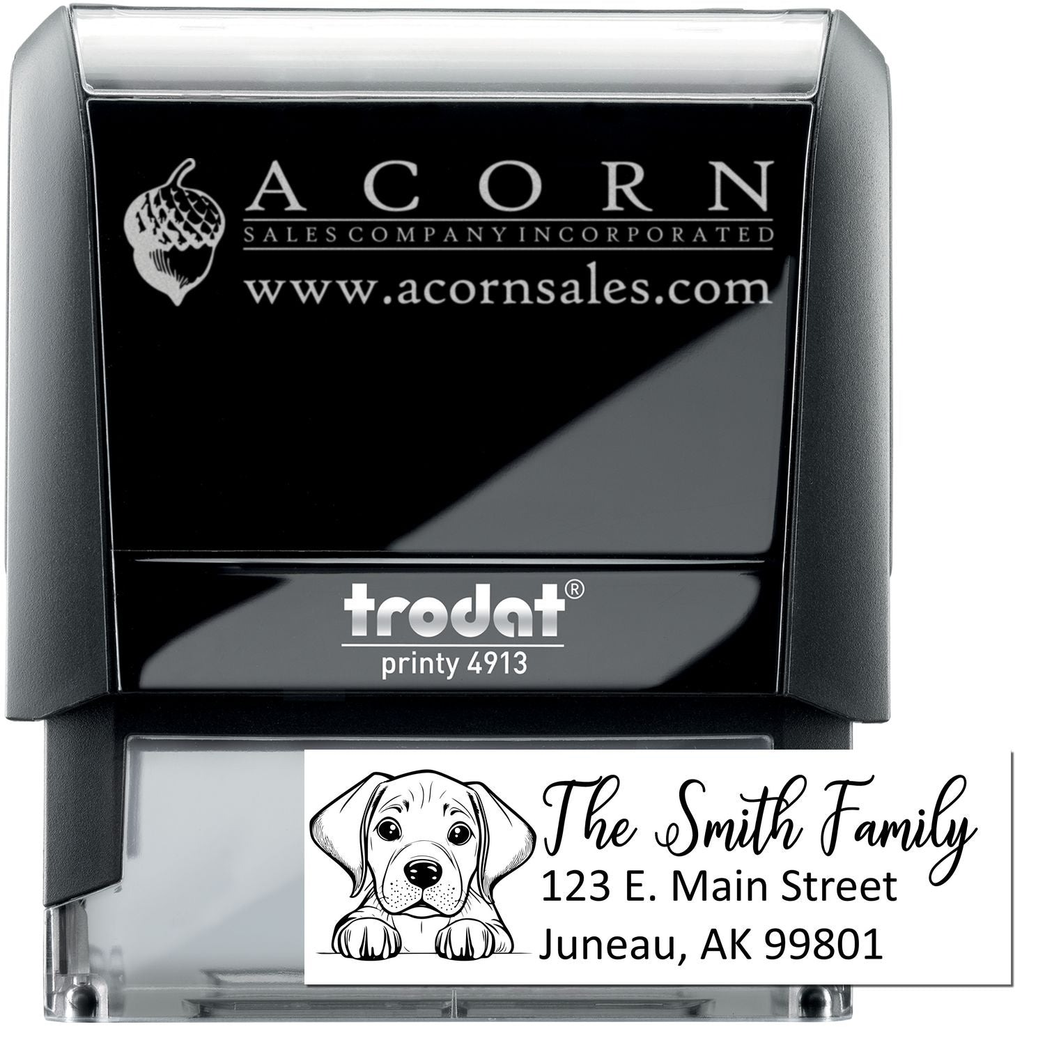 Custom self-inking rubber stamp, Trodat Printy 4913, with personalized return address and dog illustration.