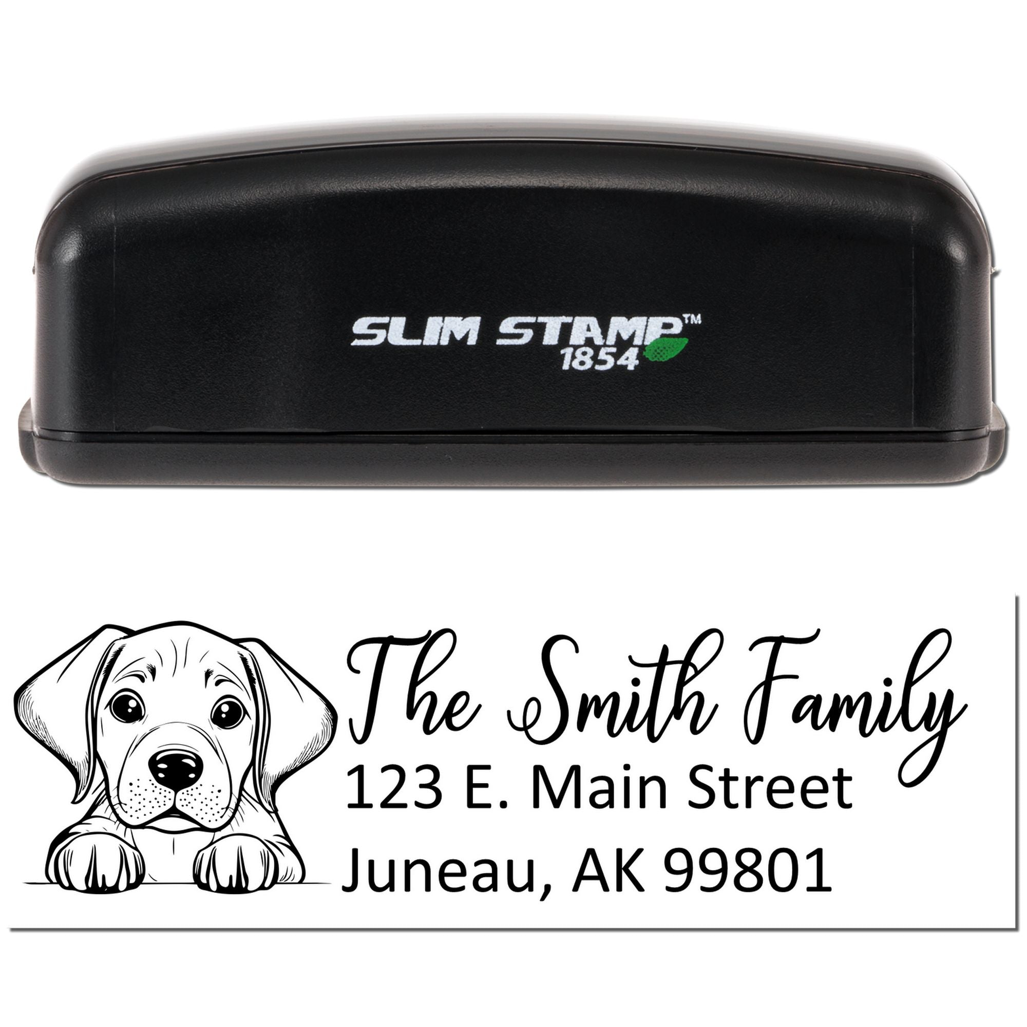 Slim Stamp 1854 custom address rubber stamp with dog illustration and family return address imprint.