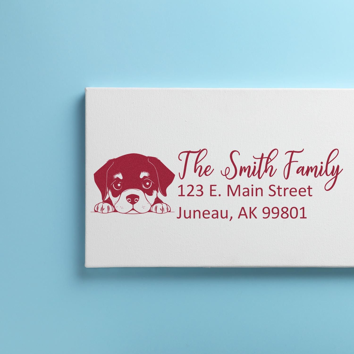 Personalized dog return address rubber stamp with The Smith Family name and Juneau, AK mailing address.