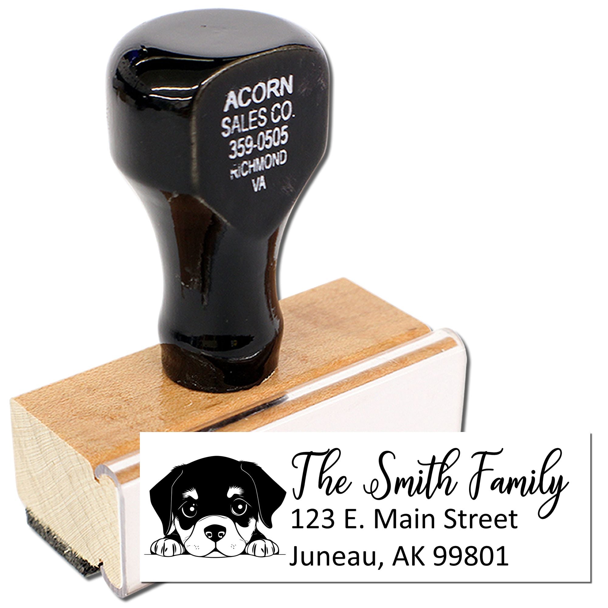 Self-inking custom address rubber stamp with dog graphic for The Smith Family, ideal for personalized return addresses.