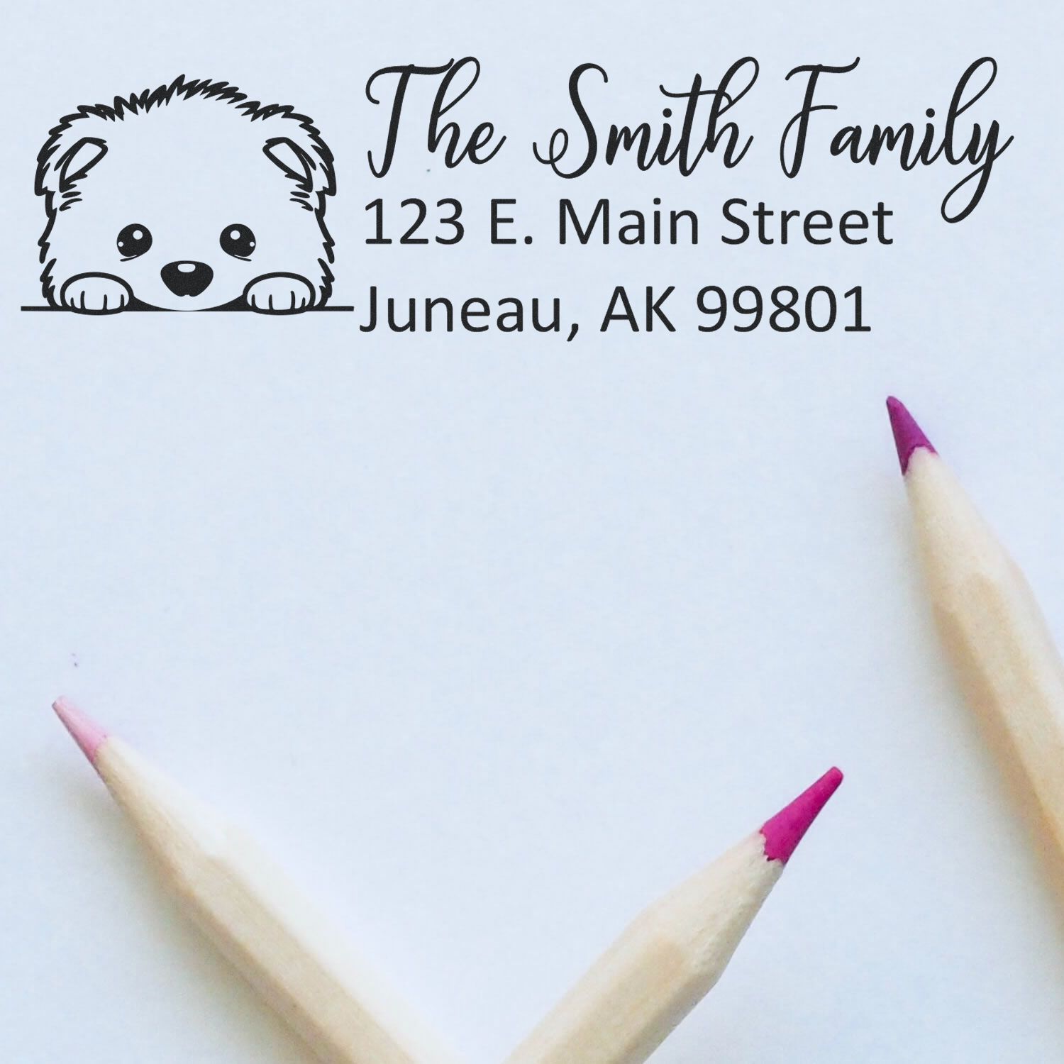 Custom return address rubber stamp for The Smith Family with bear design and Juneau, AK mailing address.